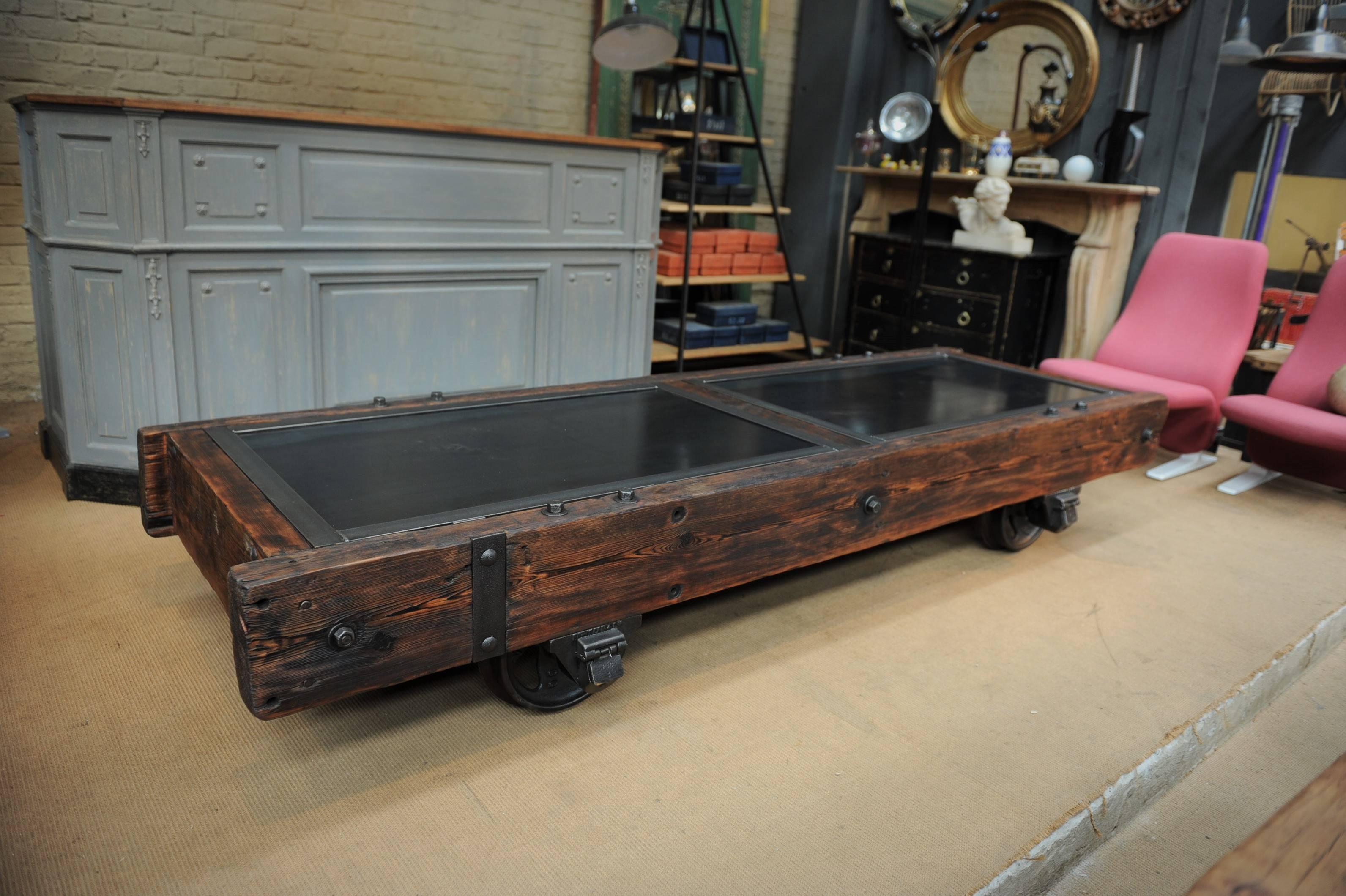 19th Century Huge Industrial Steel and Pine Mine Wagon Coffee Table