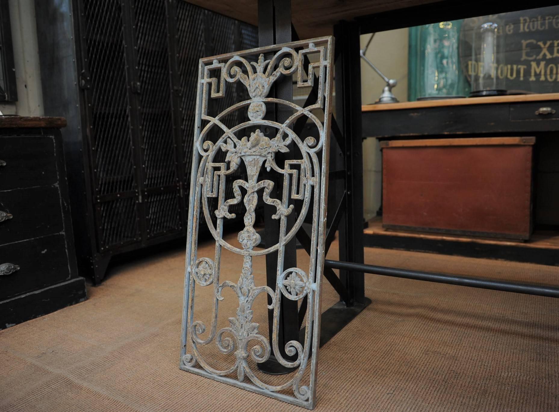 Art Nouveau 1900 French Entrance Doors Cast Iron Flower Gate, Original Grey Patina