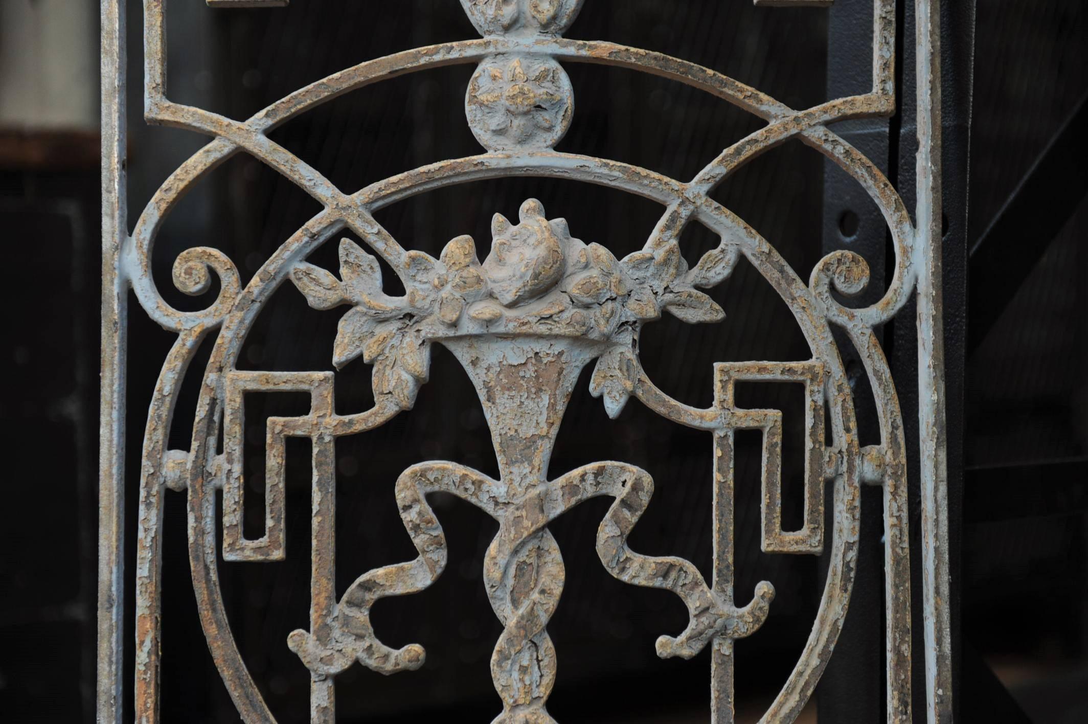 Cat iron gate from French entrance doors great with flowers.
 Original grey patina, excellent condition, circa 1900.