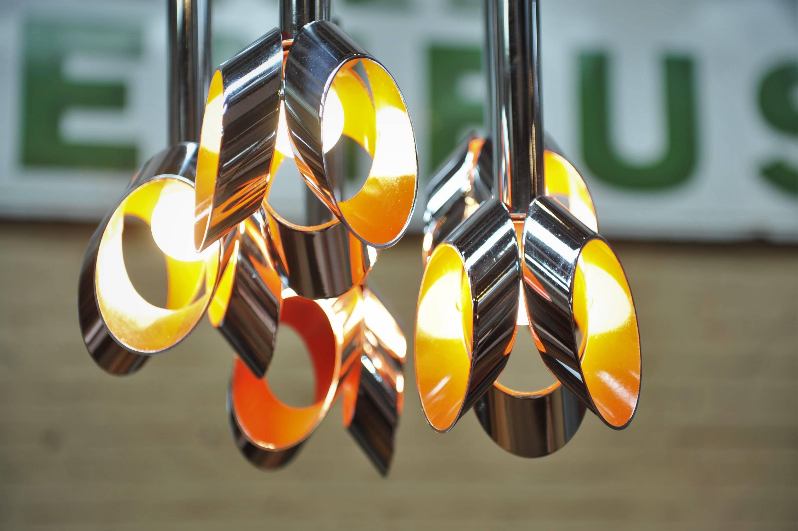 Iron Five Lights Modern Design Chandelier Chromed and Painted Metal, 1960s For Sale