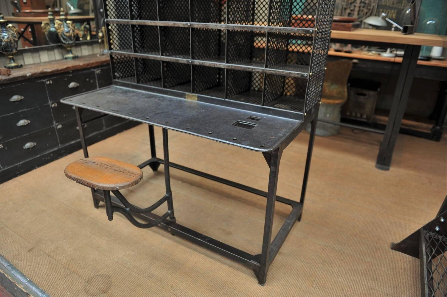 French Post Office Iron Poste Desk and Sliding Seat by Bauche, 1920s at