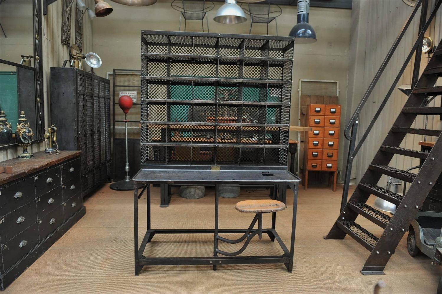 French Post Office Iron Poste Desk and Sliding Seat by Bauche, 1920s at