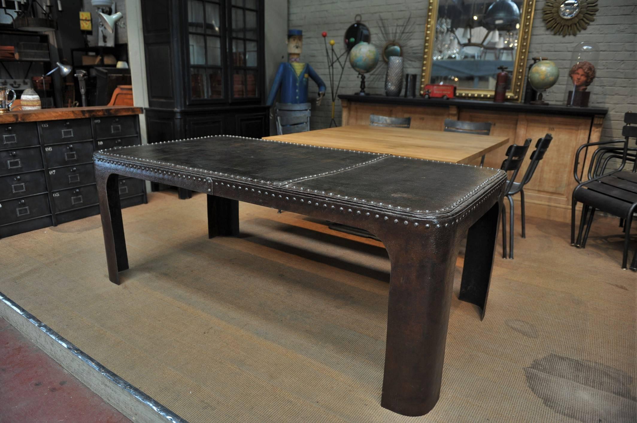 Late 19th Century French Factory Riveted Iron Industrial Dining Table, 1900