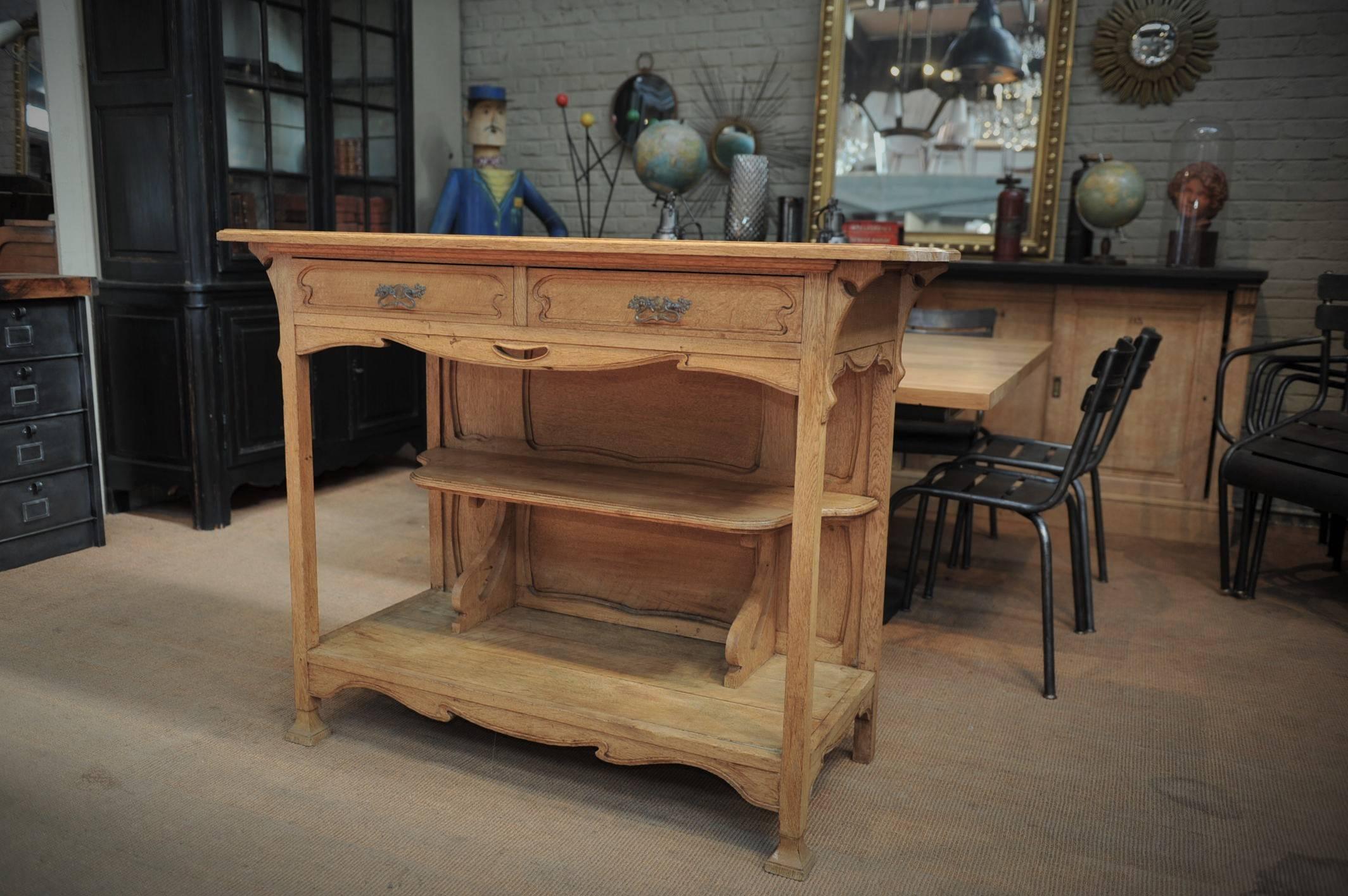 Two drawers sideboard console cabinet Art Nouveau solid oak in the style of Louis Majorelle.
 All in very good condition new waxed finish.