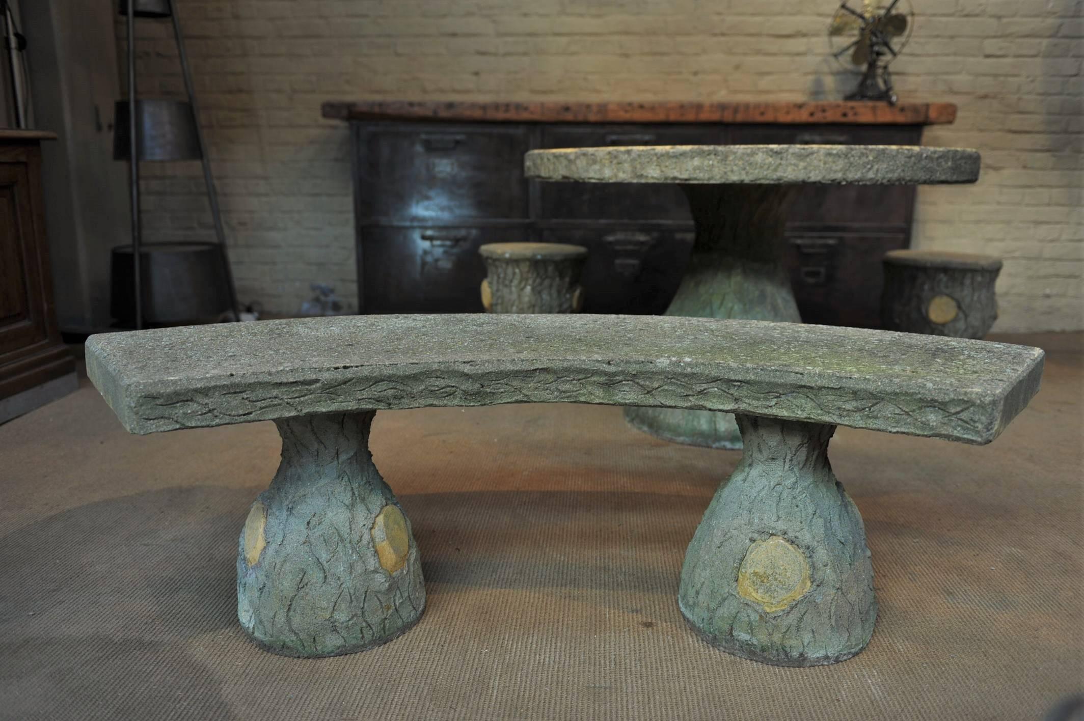 Mid-20th Century French Garden Set, Faux Bois Table, Stools and Bench, circa 1930
