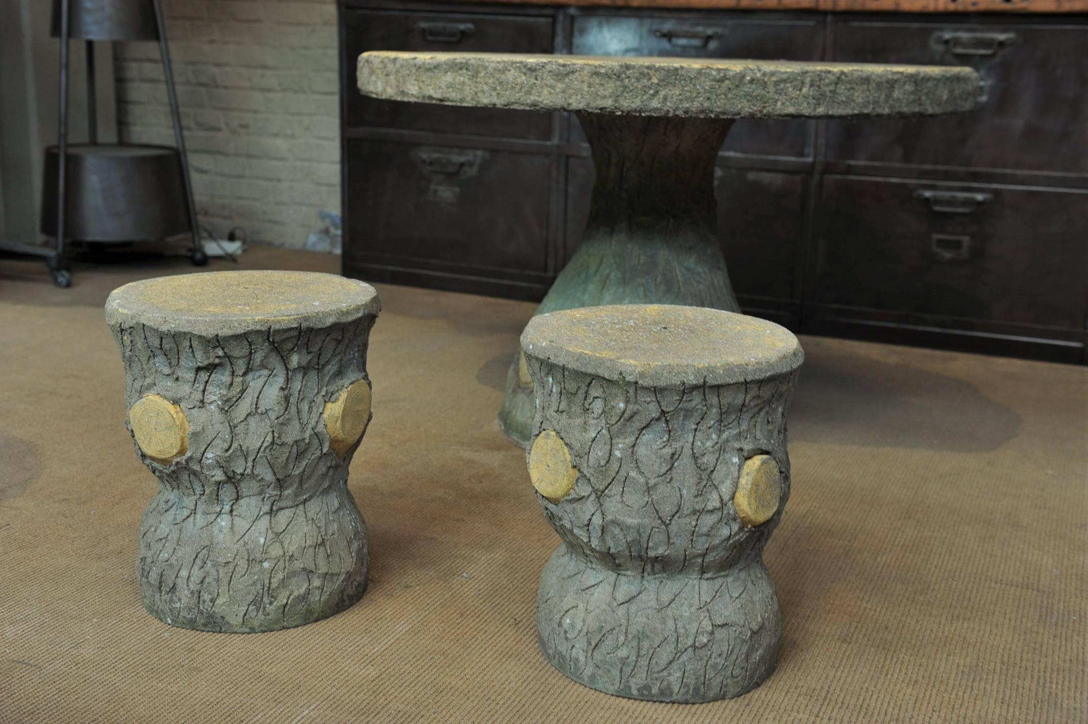 French Garden Set, Faux Bois Table, Stools and Bench, circa 1930 2