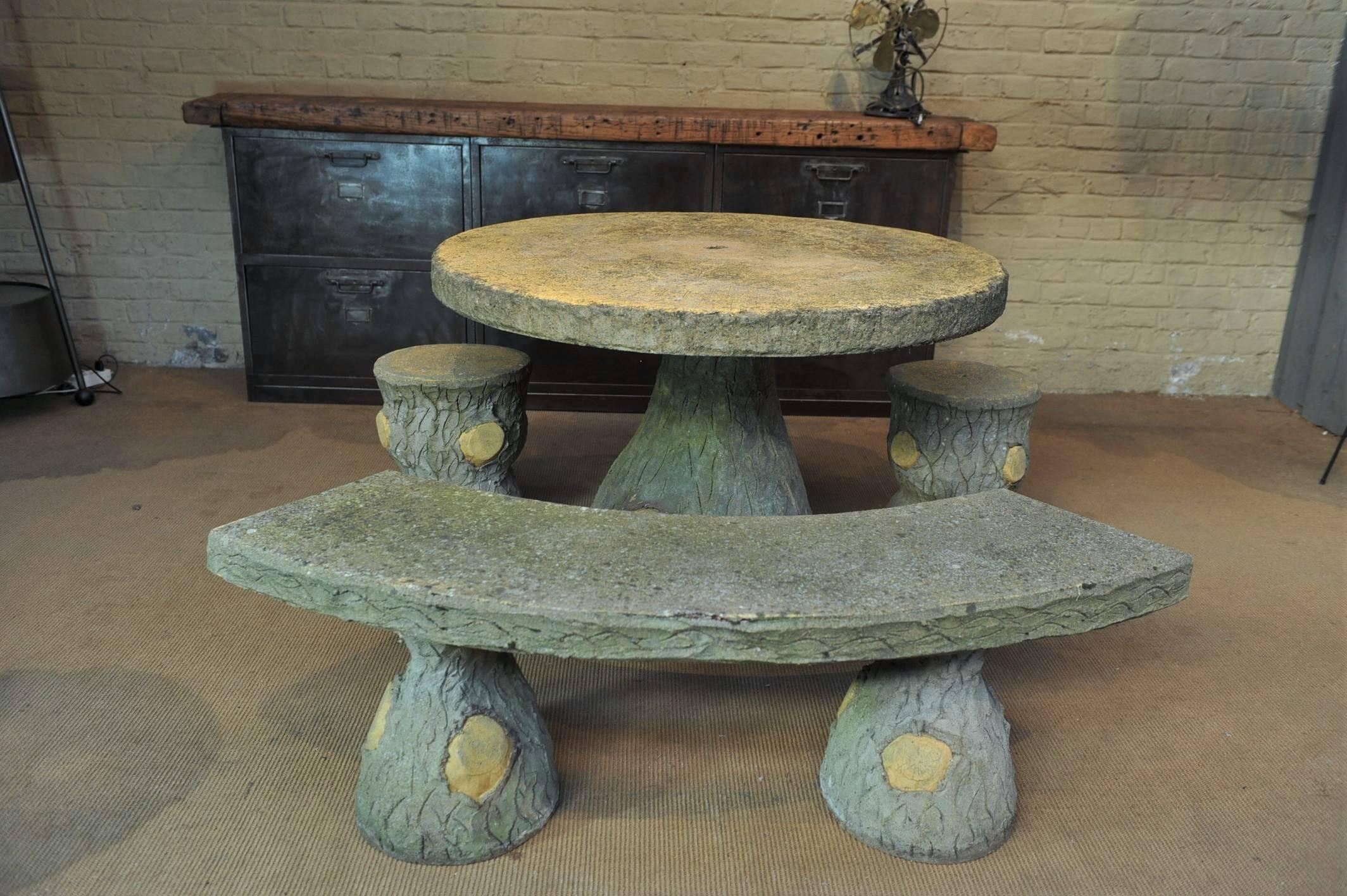 French Garden Set, Faux Bois Table, Stools and Bench, circa 1930 4