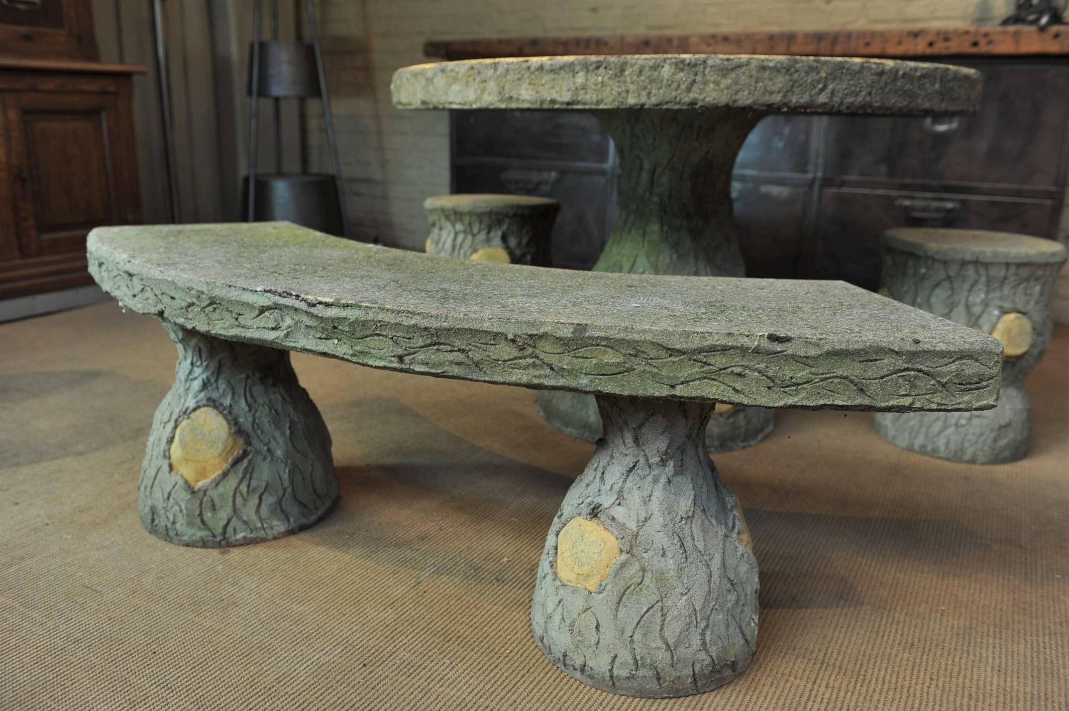 Concrete French Garden Set, Faux Bois Table, Stools and Bench, circa 1930