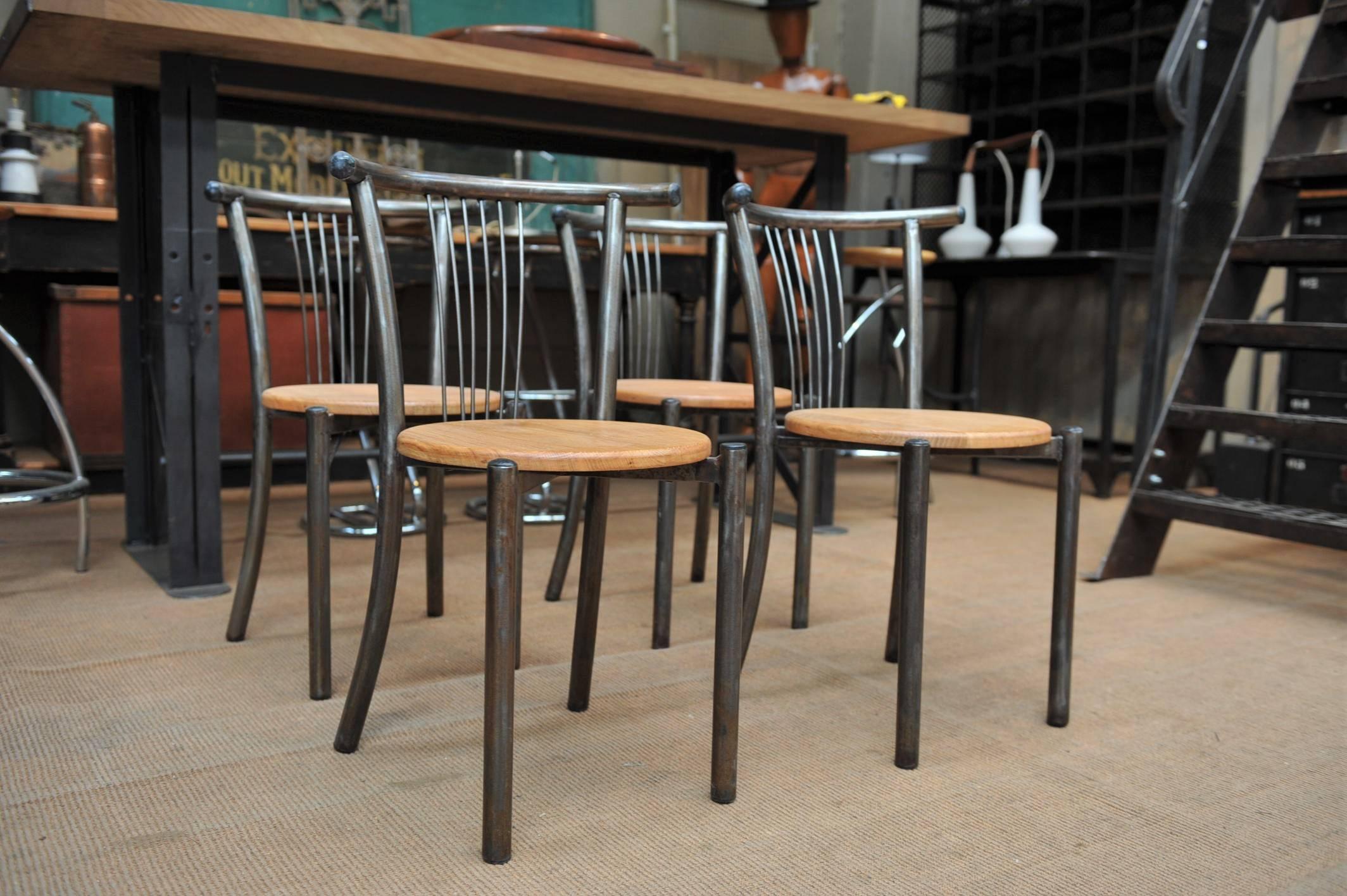 Set of Six Industrial and Design Mid-Century Iron and Oak Chairs, 1950s 2
