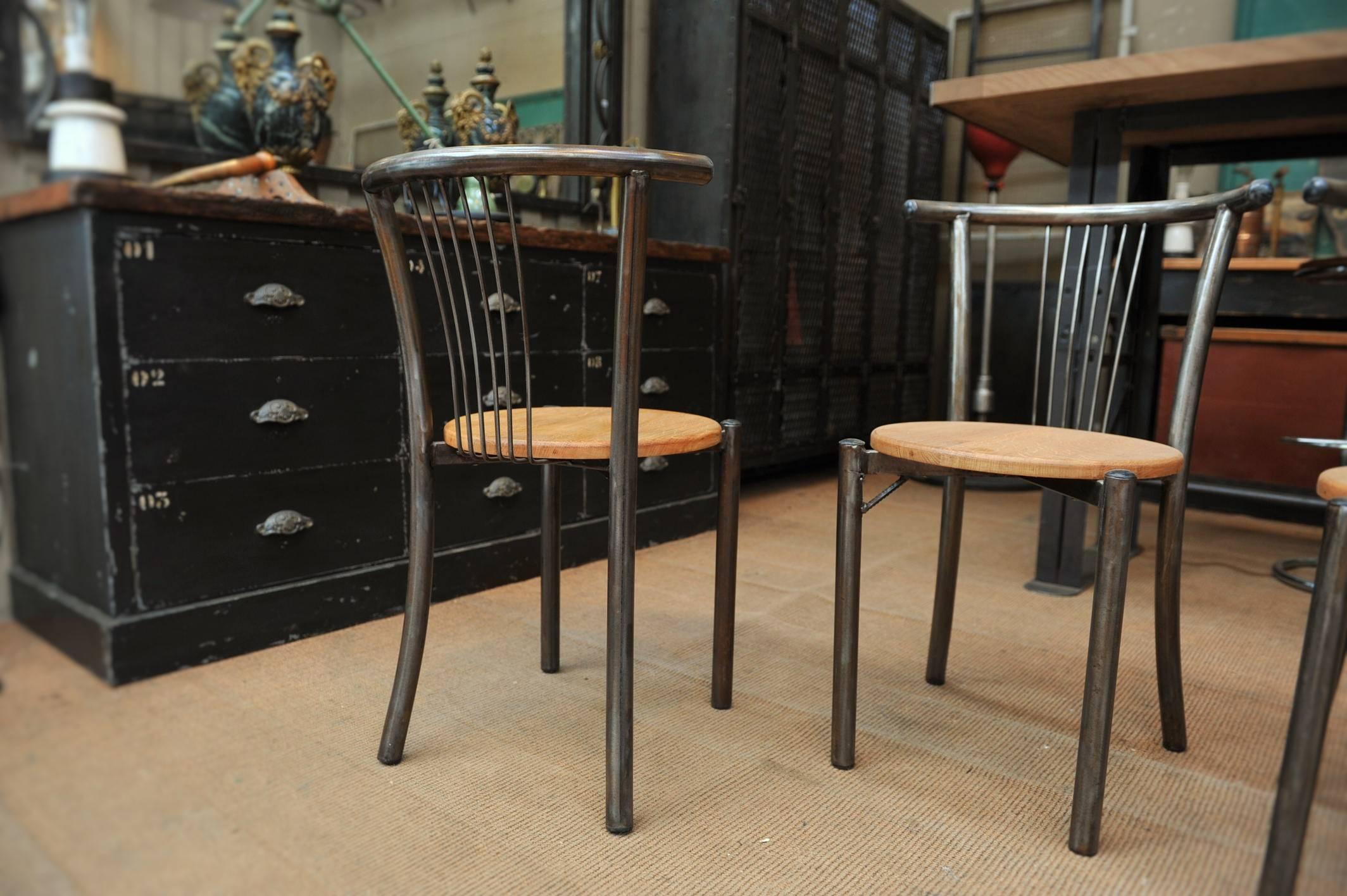 Mid-Century Modern Set of Six Industrial and Design Mid-Century Iron and Oak Chairs, 1950s
