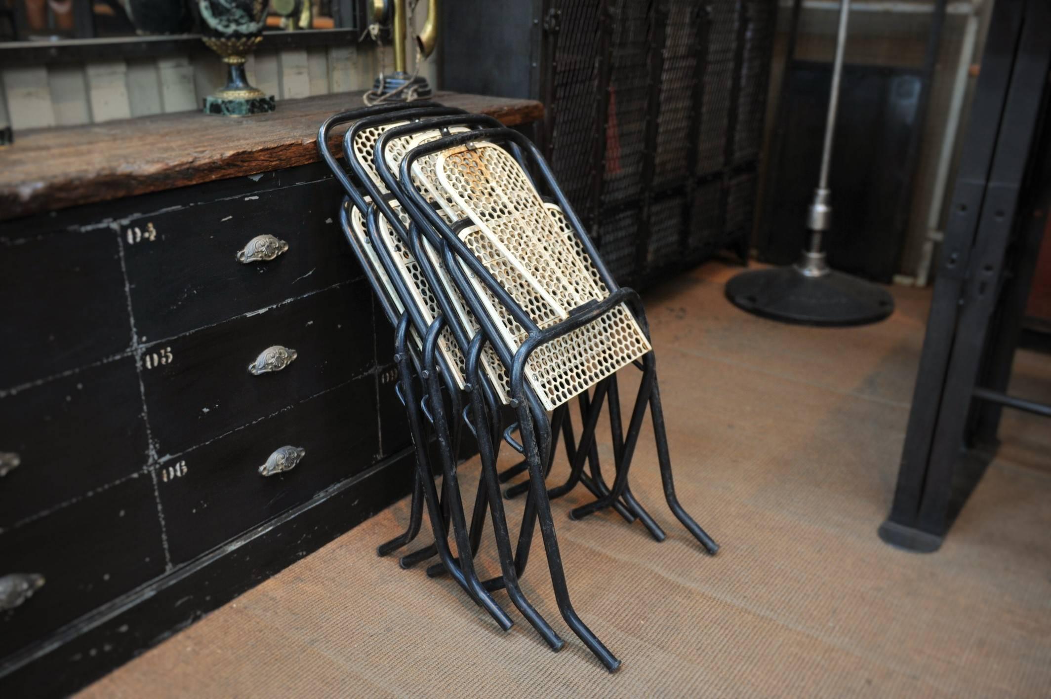 Industrial Six René Malaval Iron Folding Chairs, circa 1960