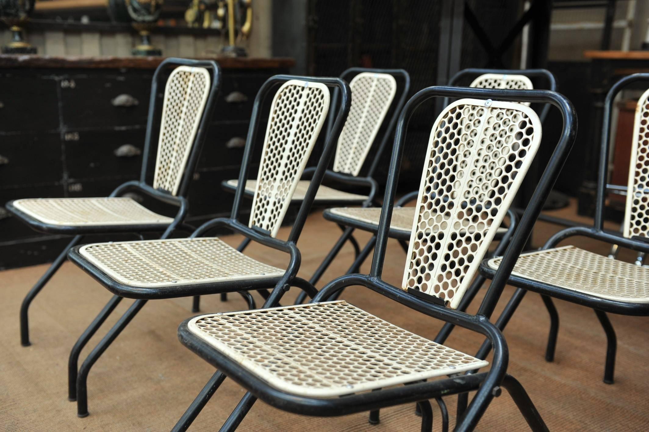 French Six René Malaval Iron Folding Chairs, circa 1960
