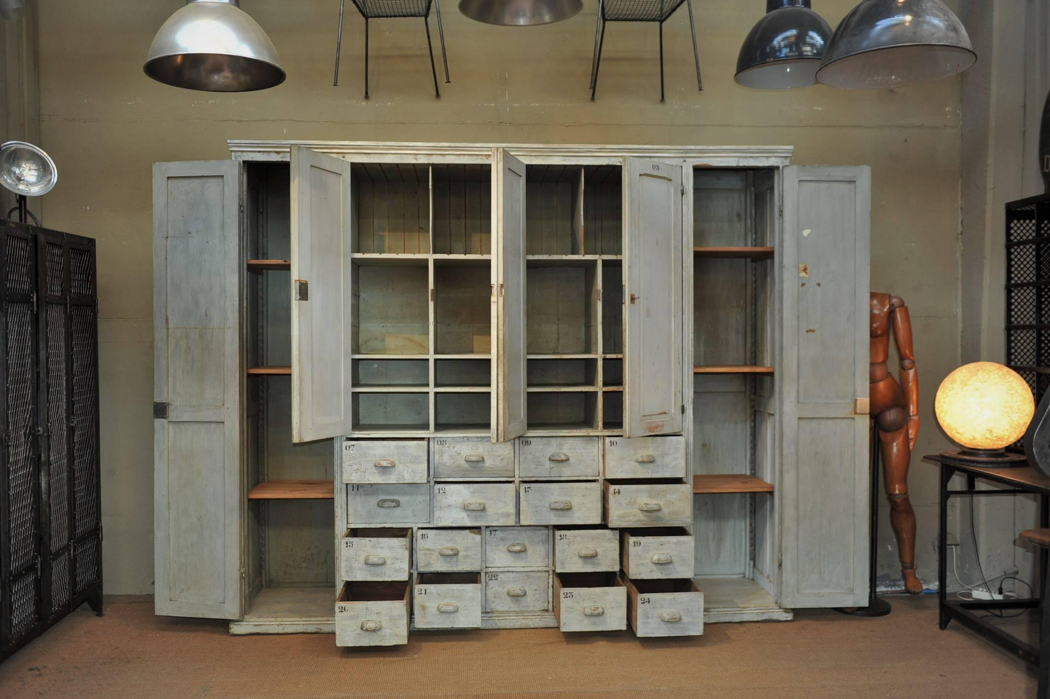 Industrial Large Textile Factory Pine Cabinet Original Cabinet, 1920s