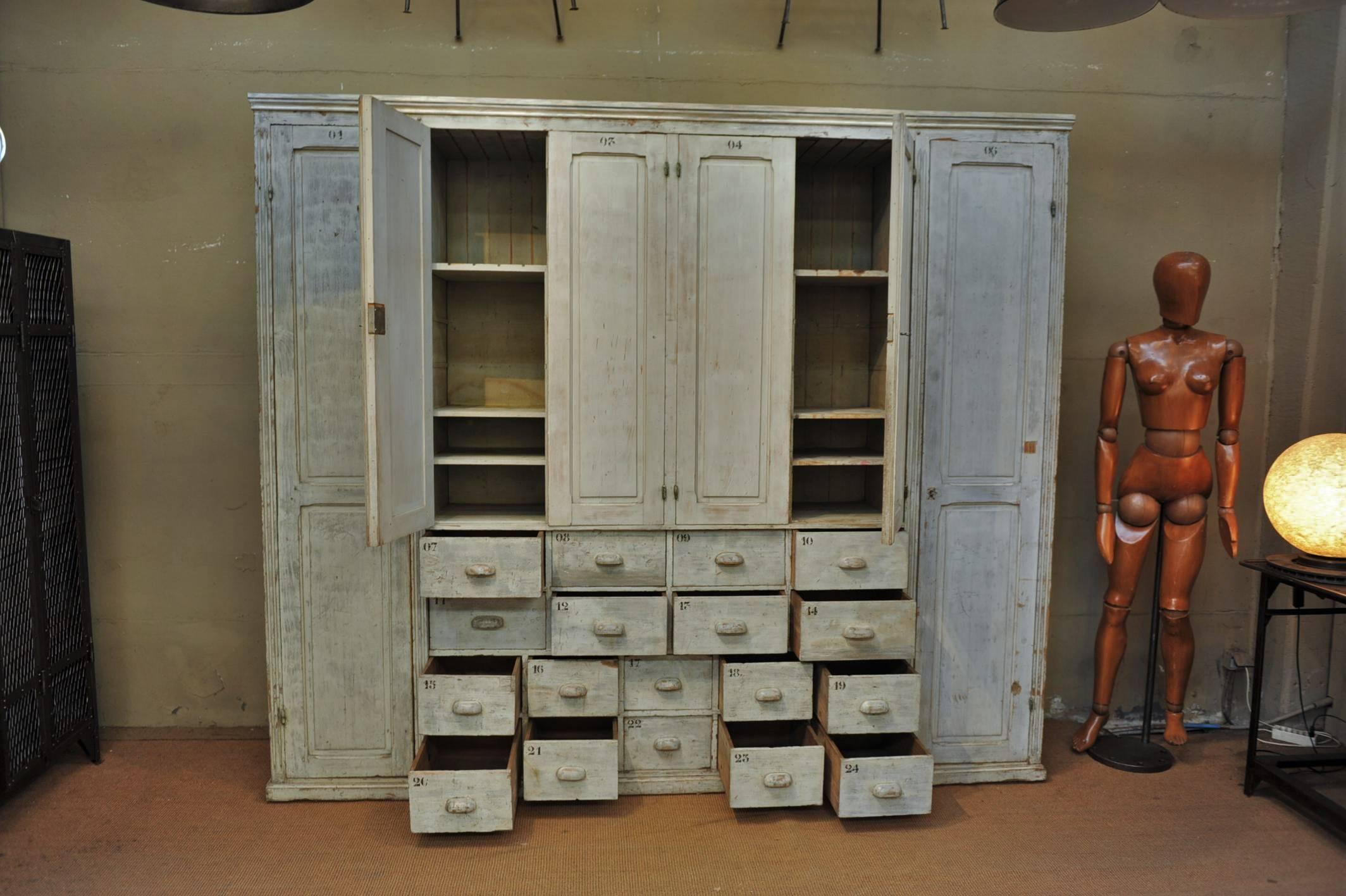 Iron Large Textile Factory Pine Cabinet Original Cabinet, 1920s