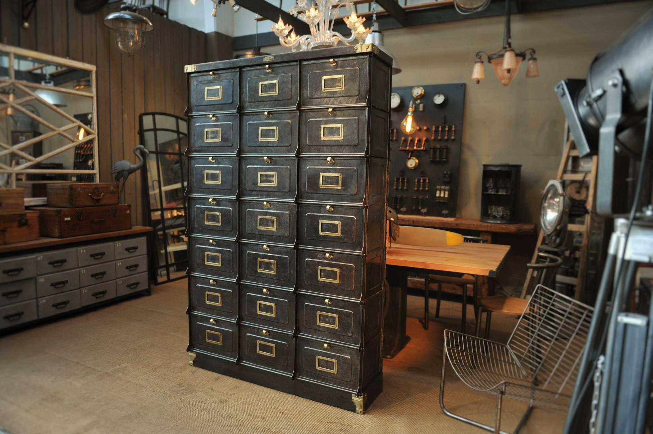 Industrial Original Strafor Clapets Iron and Brass Cabinet, circa 1920