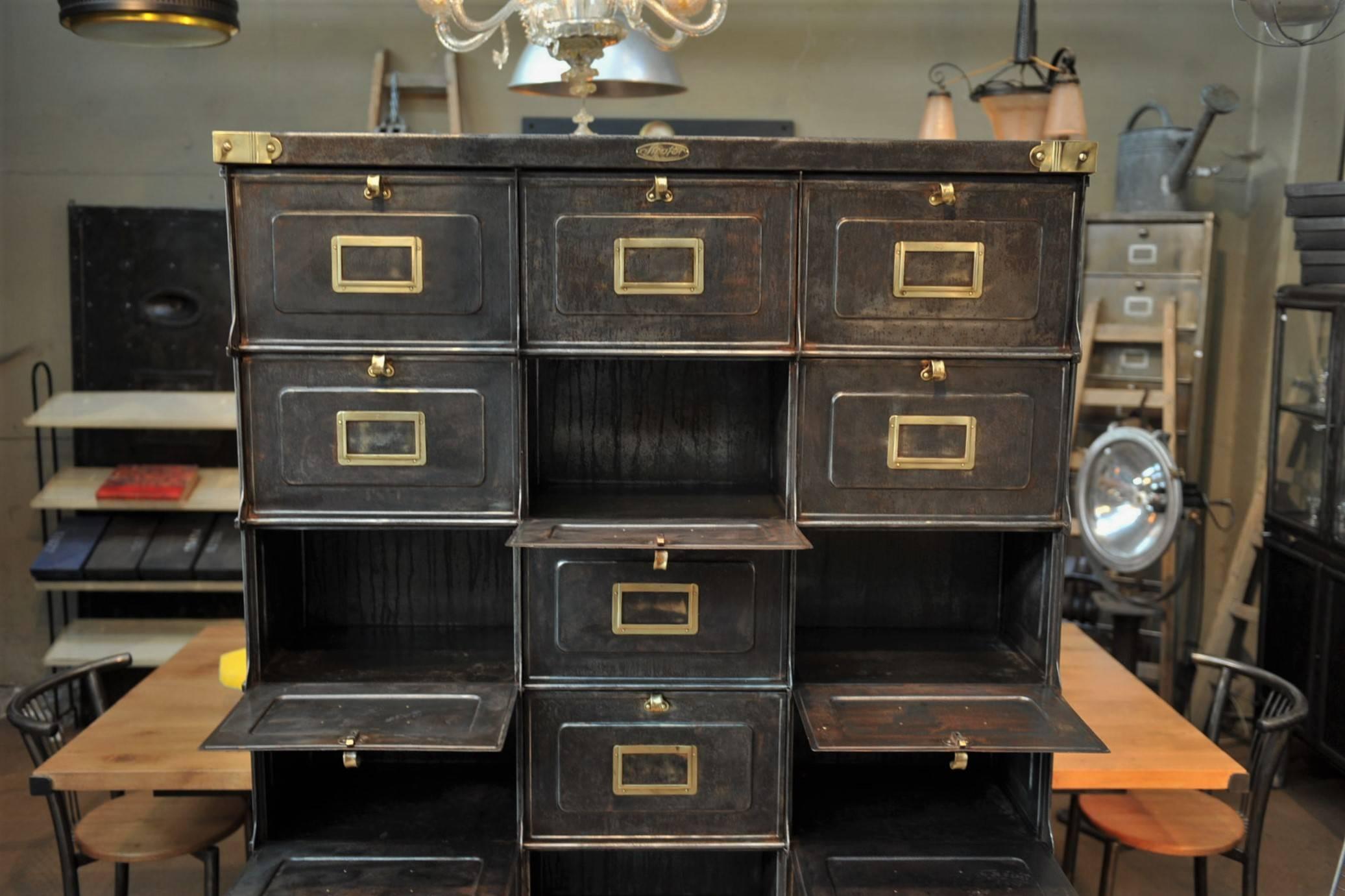 French Original Strafor Clapets Iron and Brass Cabinet, circa 1920