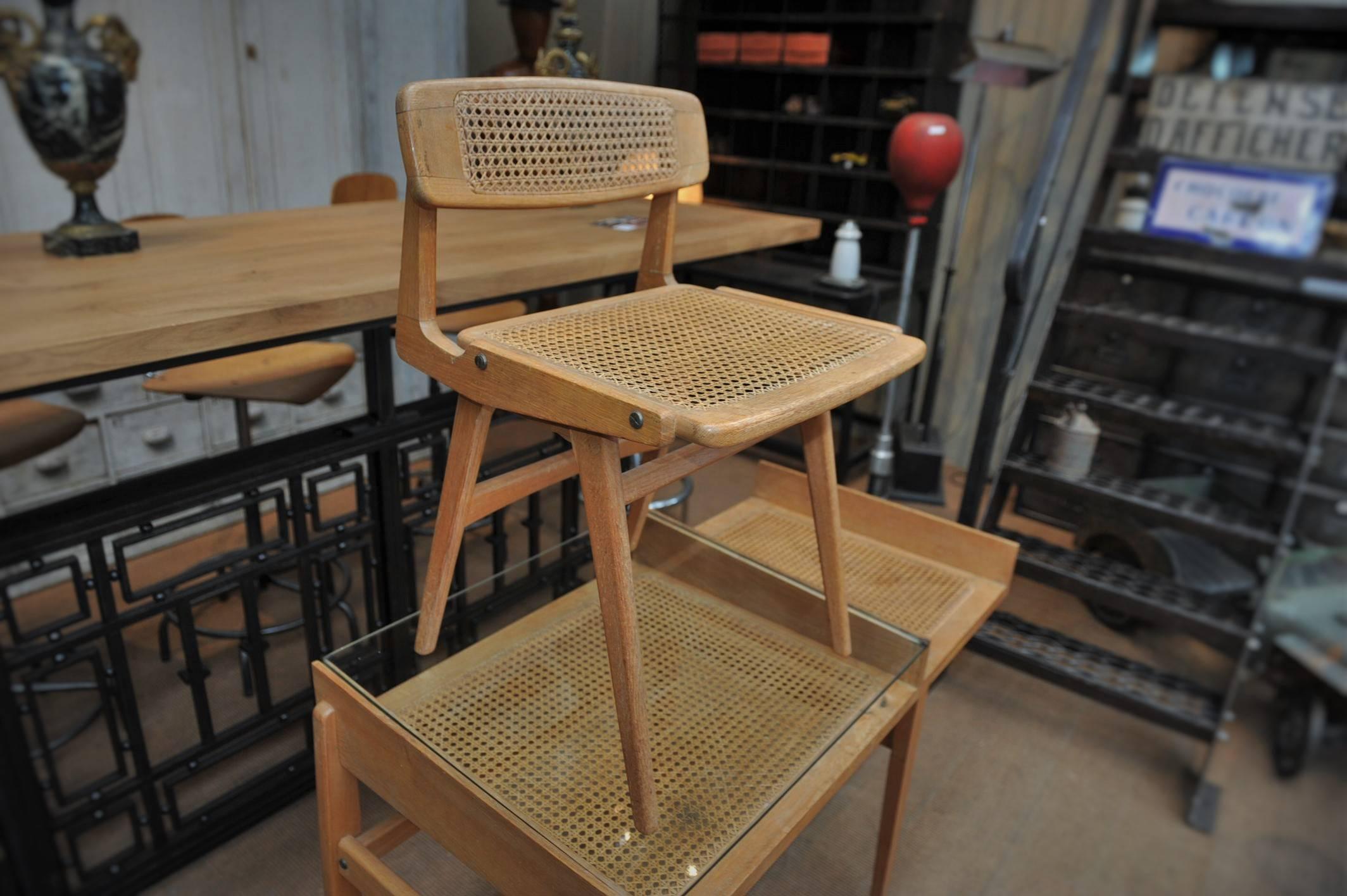 French Caned Oak Desk and Chair by Roger Landault In Excellent Condition In Roubaix, FR