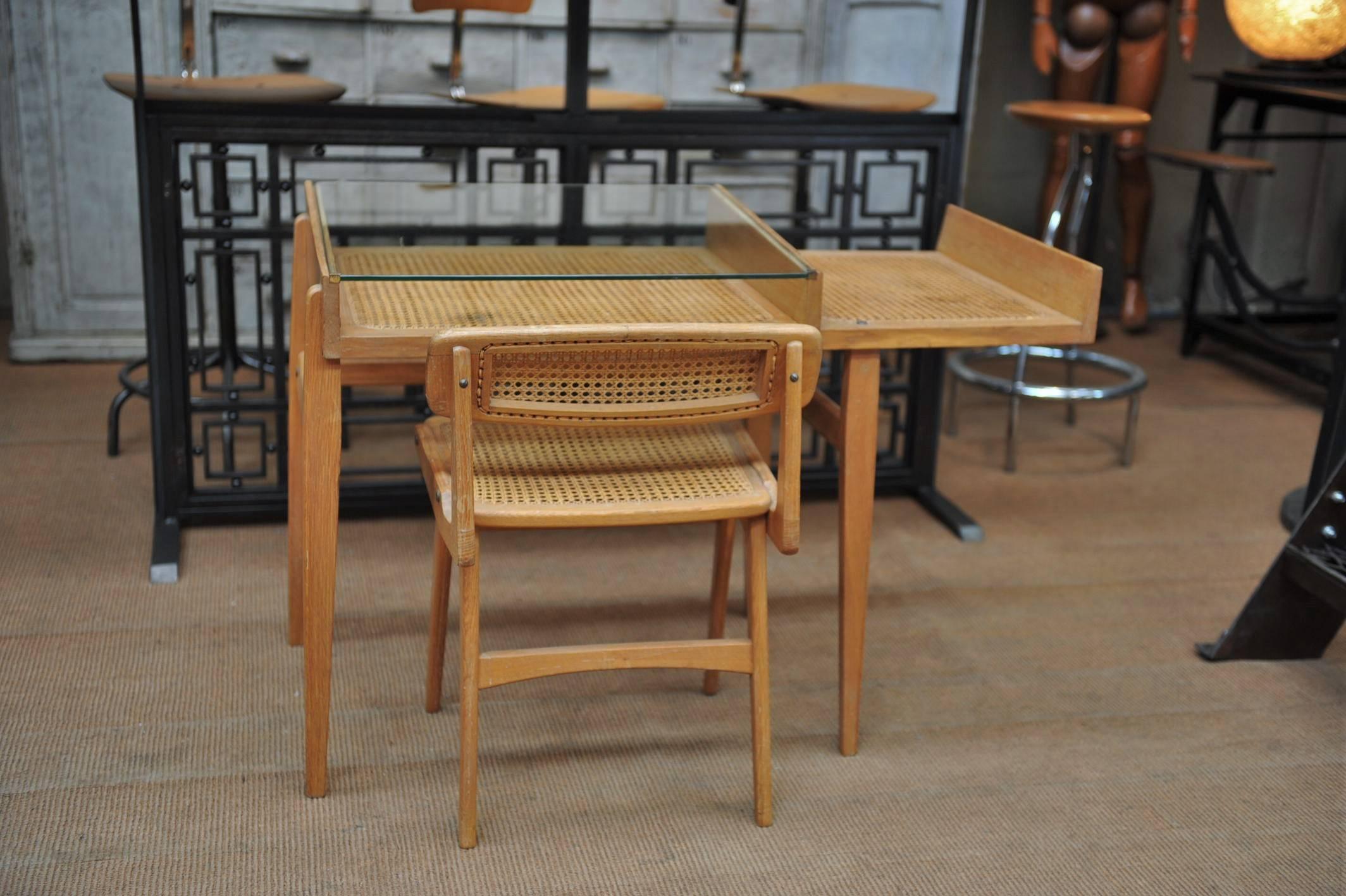French Caned Oak Desk and Chair by Roger Landault 4