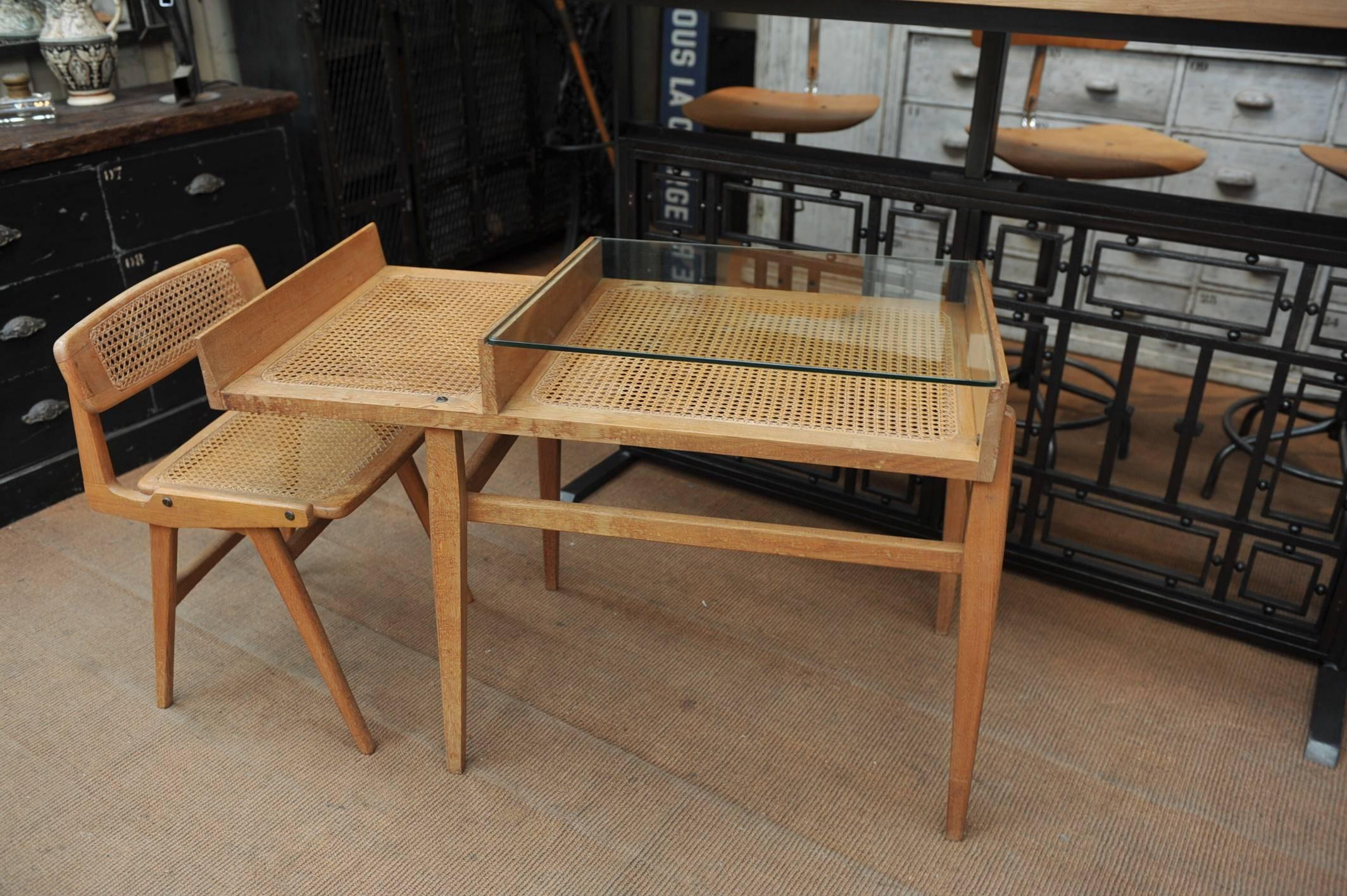 Mid-20th Century French Caned Oak Desk and Chair by Roger Landault