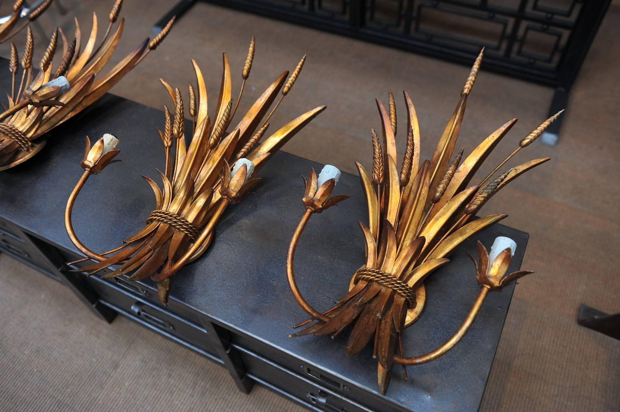 1940s French Gold Leaf Gilt Iron Two-Light Wall Sconces For Sale 2