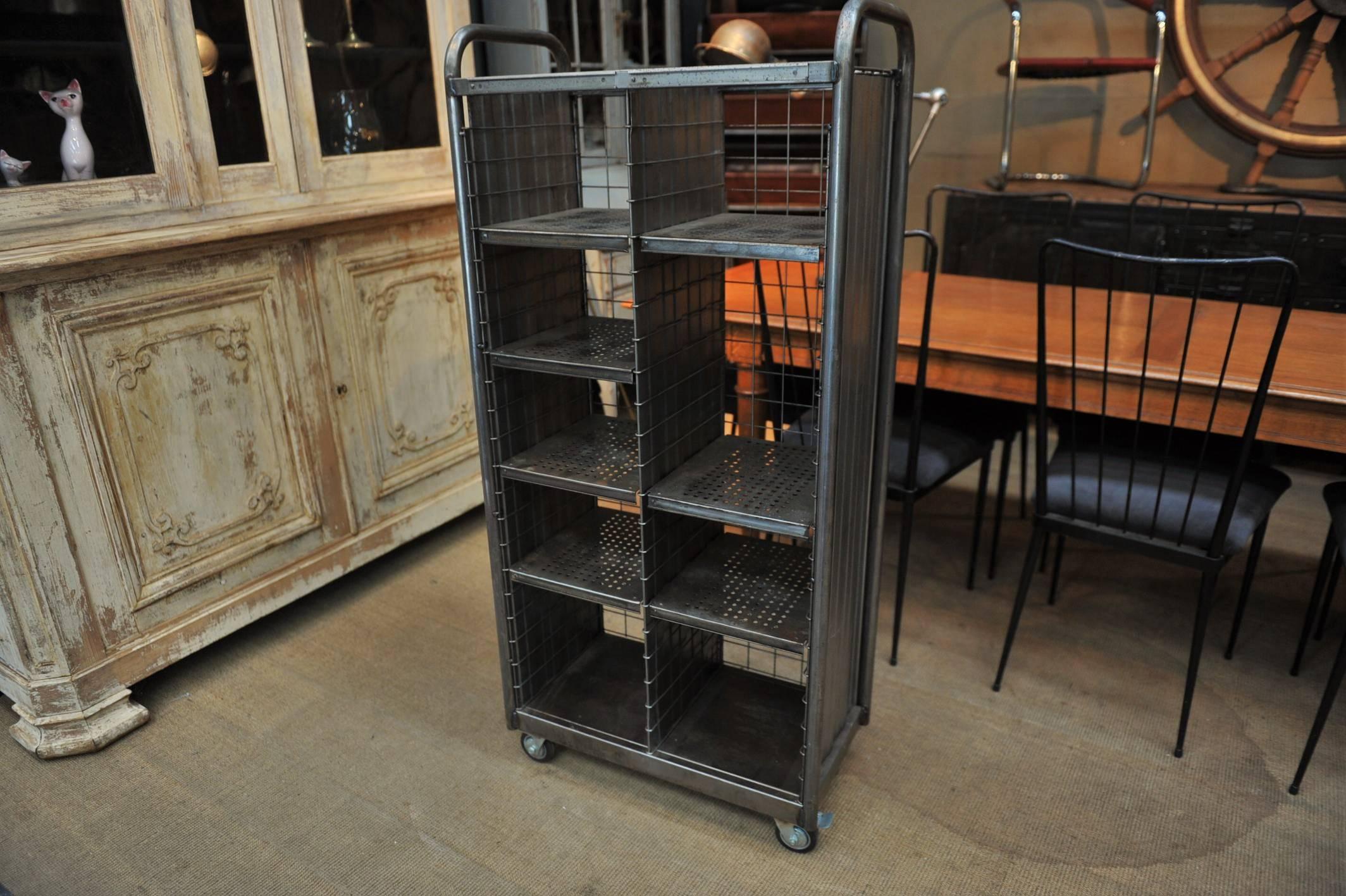 French Iron Post Metal Shelves 1950 on Wheels, circa 1950 In Excellent Condition In Roubaix, FR