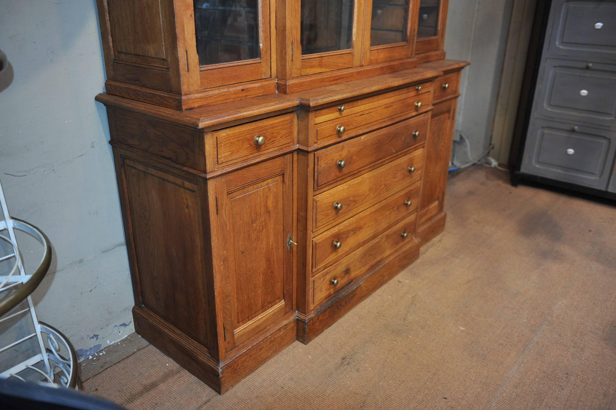 Large Solid Oak, 1900s French Bookcase Drawer Cabinet 2