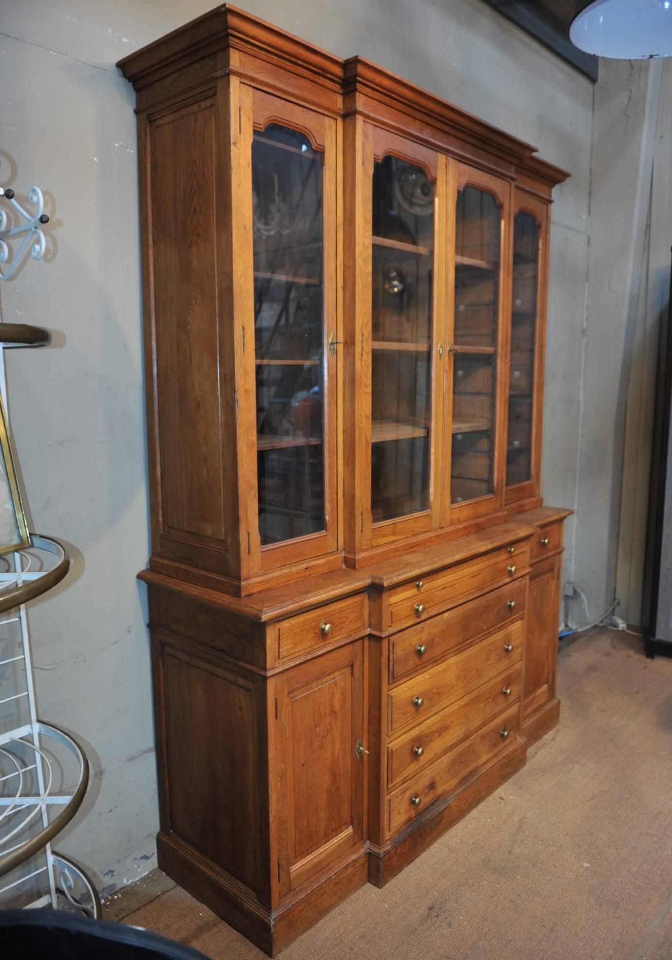 Large Solid Oak, 1900s French Bookcase Drawer Cabinet 4