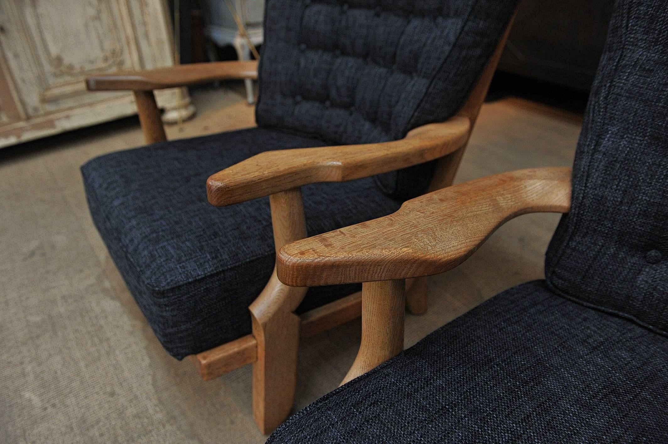 Pair of French Guillerme and Chambron High Back Lounge Chairs in Solid Oak In Excellent Condition In Roubaix, FR