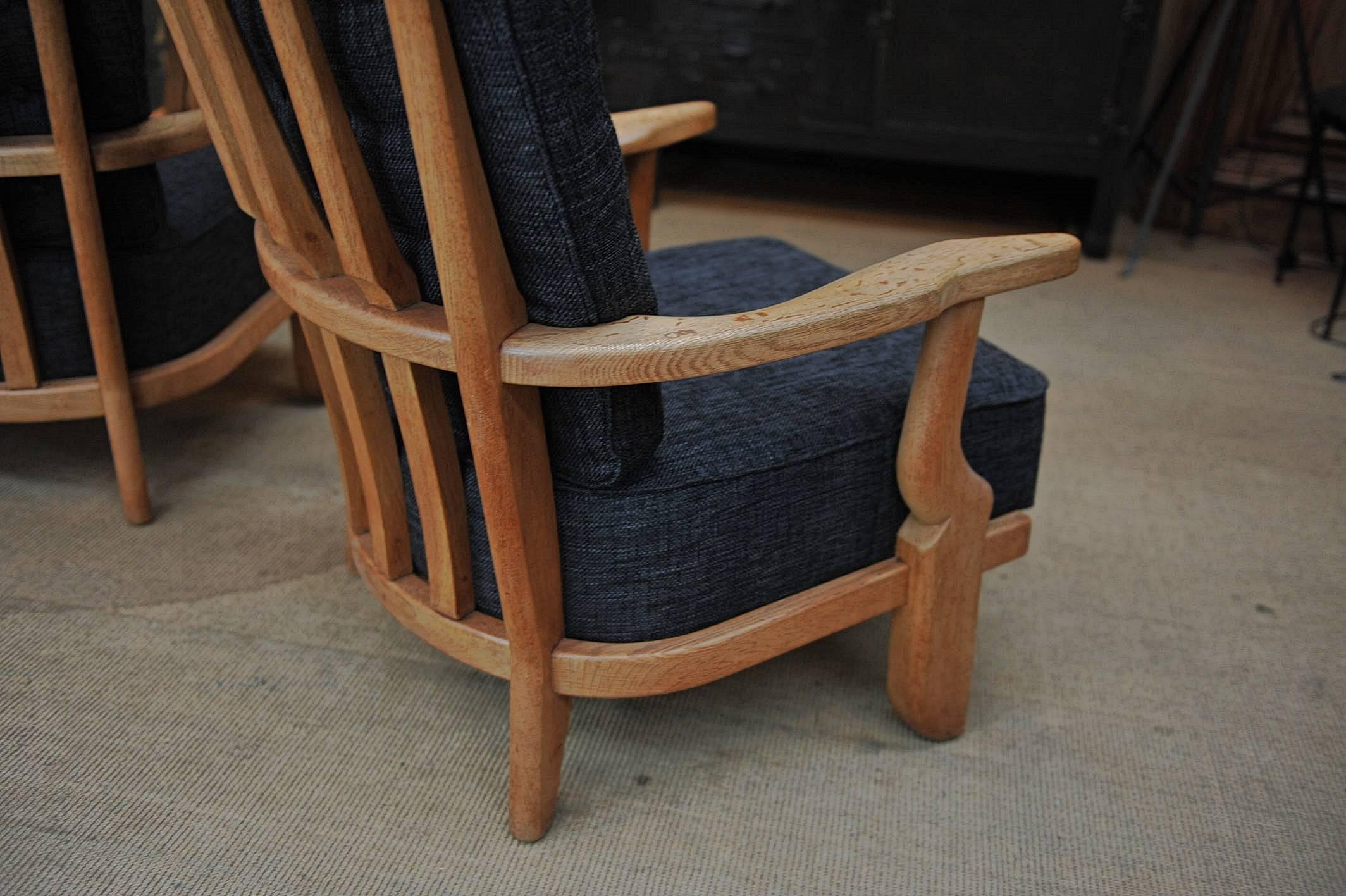 Fabric Pair of French Guillerme and Chambron High Back Lounge Chairs in Solid Oak