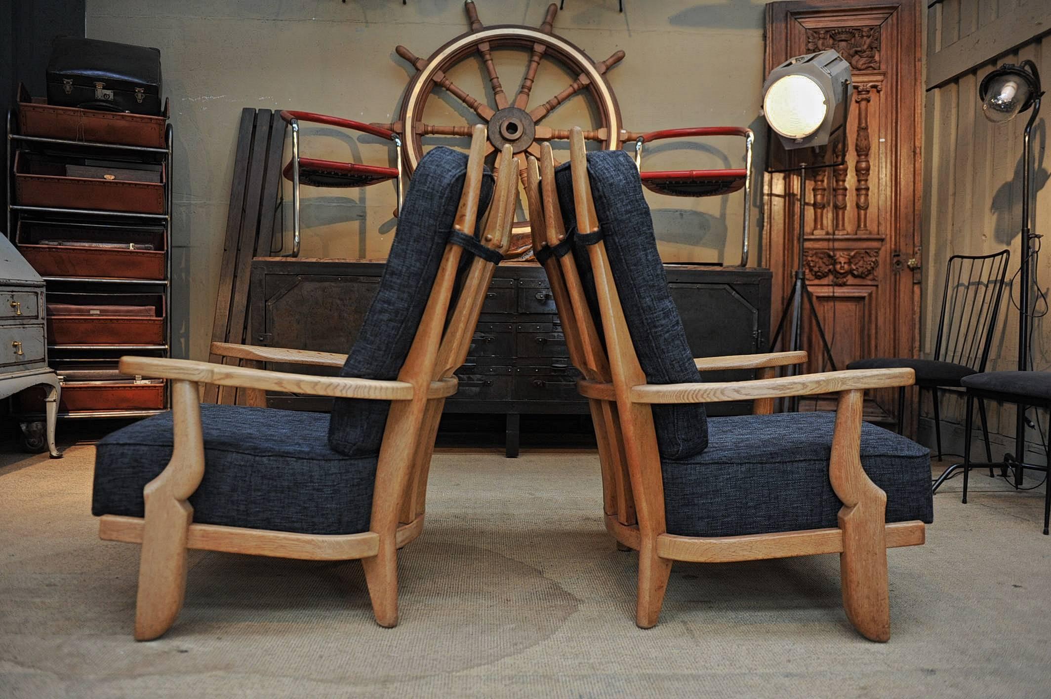 Mid-20th Century Pair of French Guillerme and Chambron High Back Lounge Chairs in Solid Oak