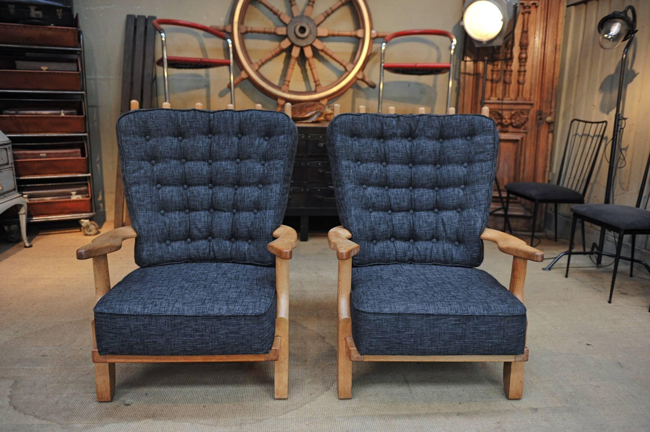 Pair of French Guillerme and Chambron High Back Lounge Chairs in Solid Oak 1