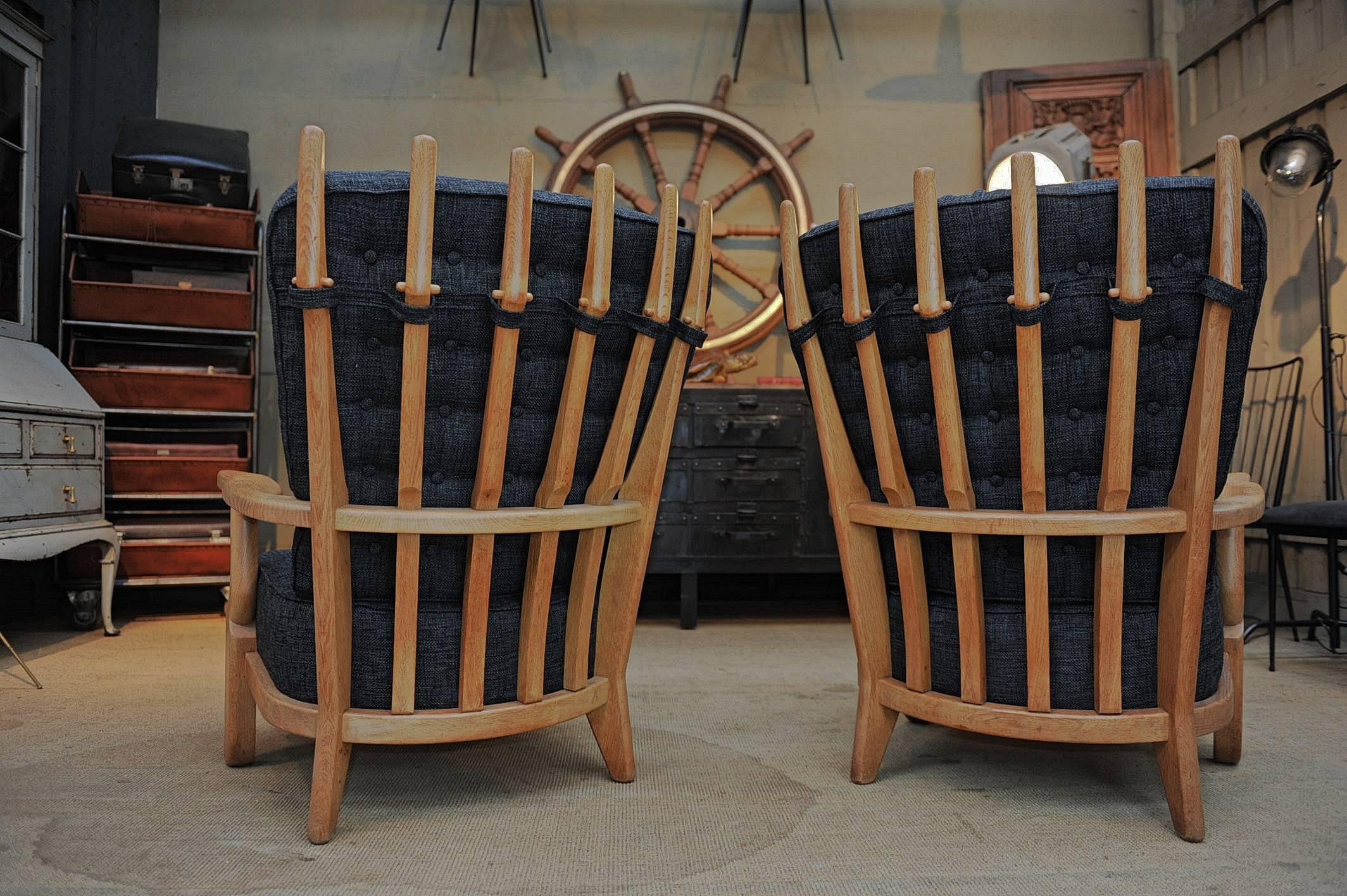 Pair of French Guillerme and Chambron High Back Lounge Chairs in Solid Oak 2