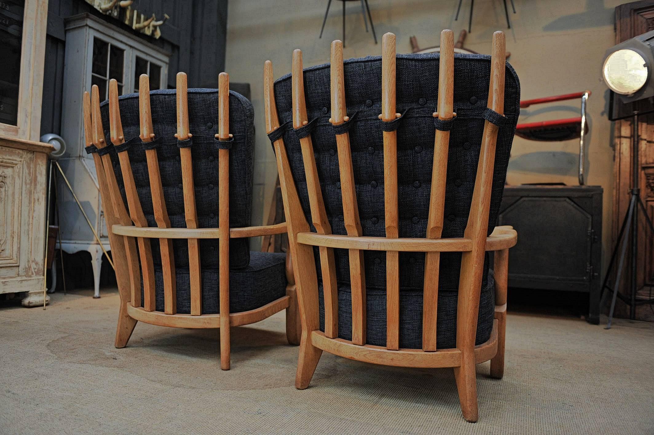 Mid-Century Modern Pair of French Guillerme and Chambron High Back Lounge Chairs in Solid Oak