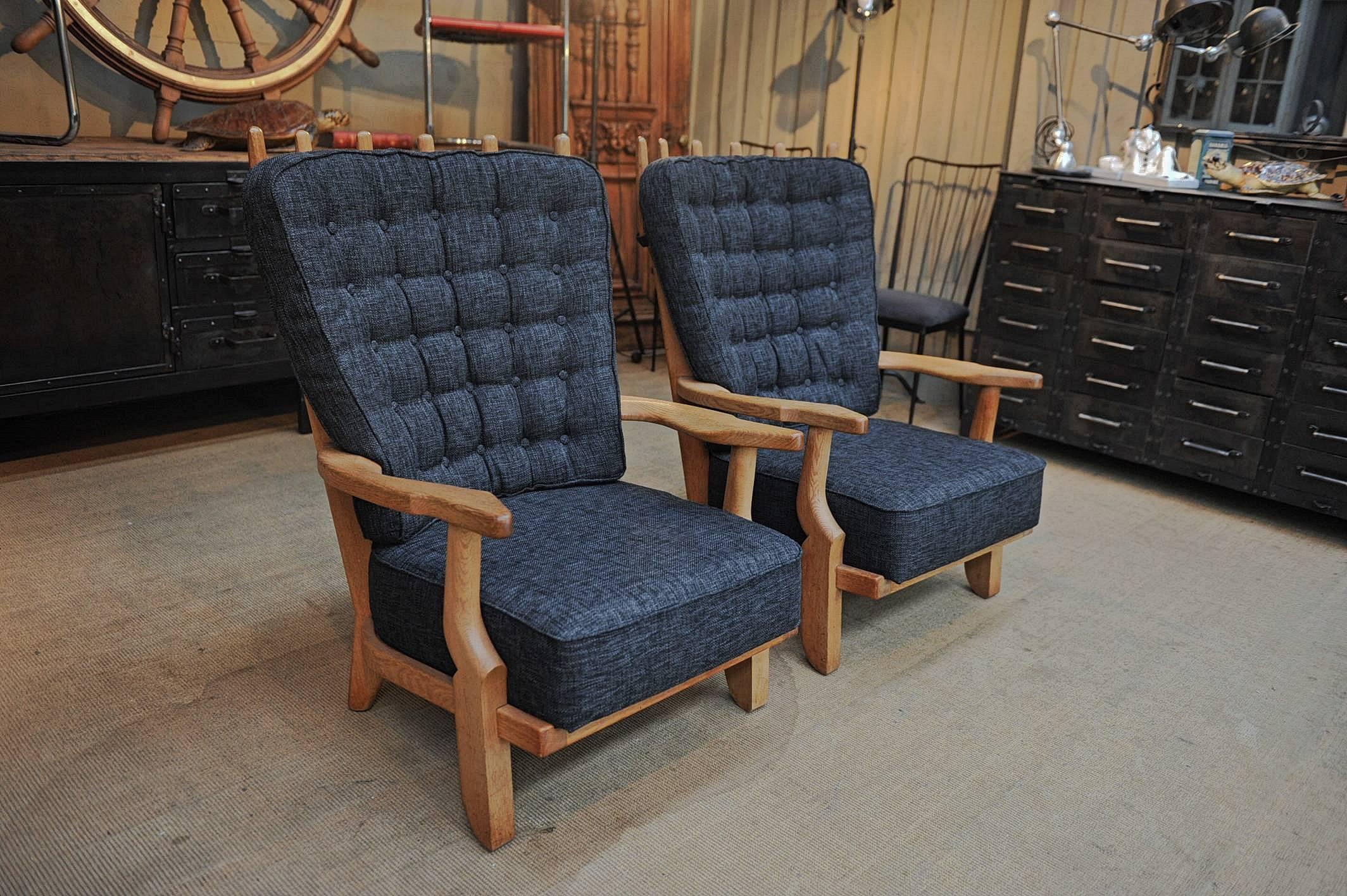 Pair of French Guillerme and Chambron High Back Lounge Chairs in Solid Oak 4