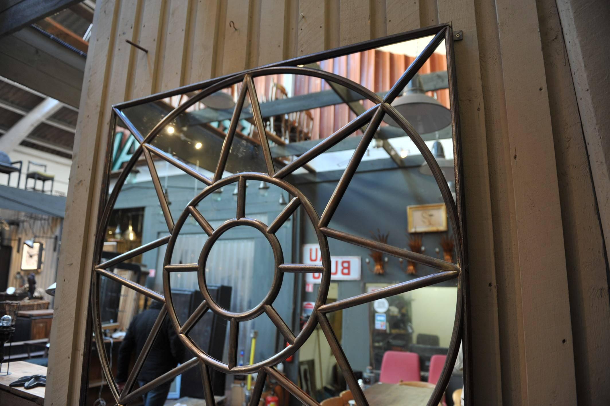 French 1920s Curved Iron Industrial Square Mirror