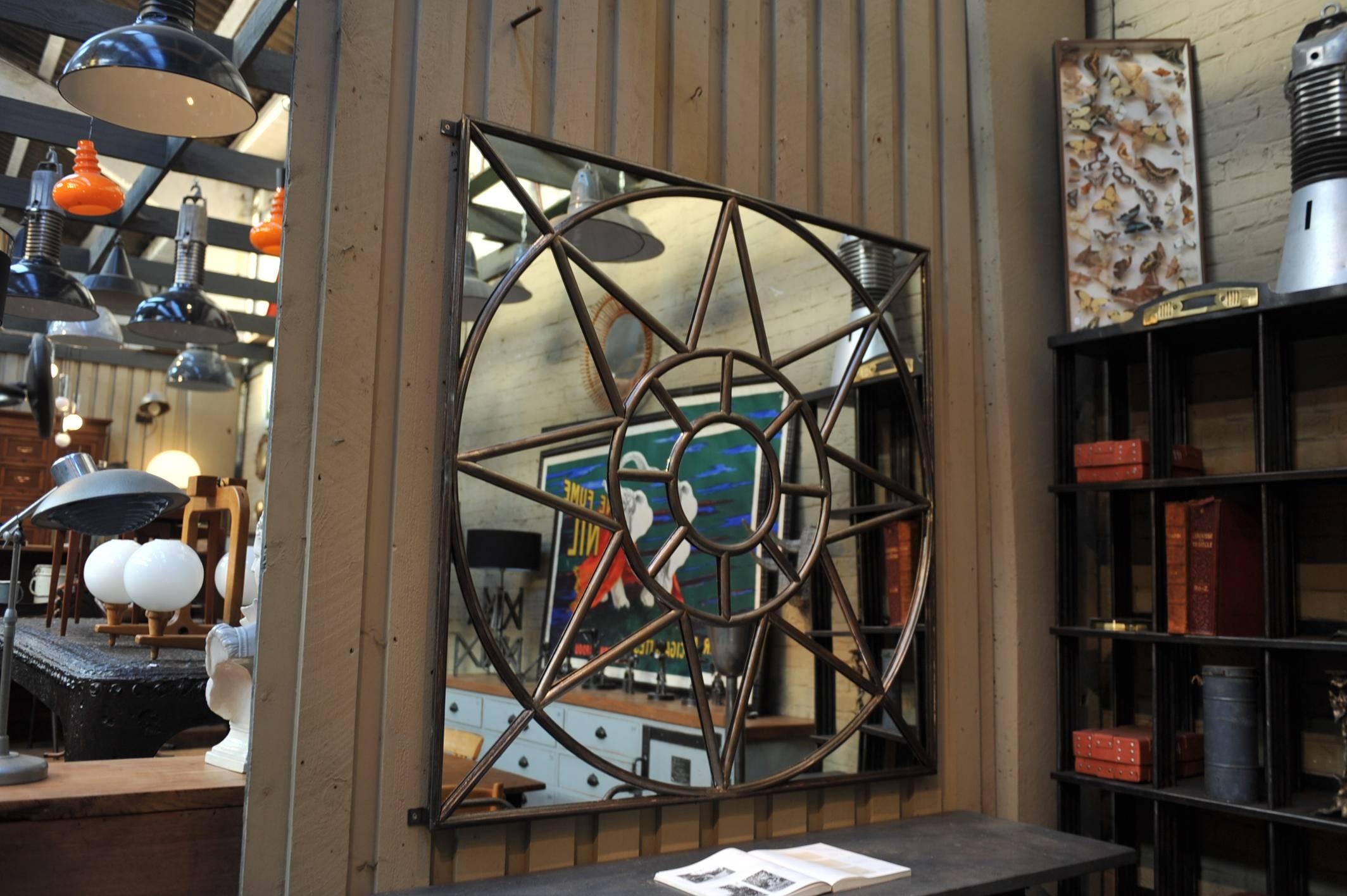 Glass 1920s Curved Iron Industrial Square Mirror