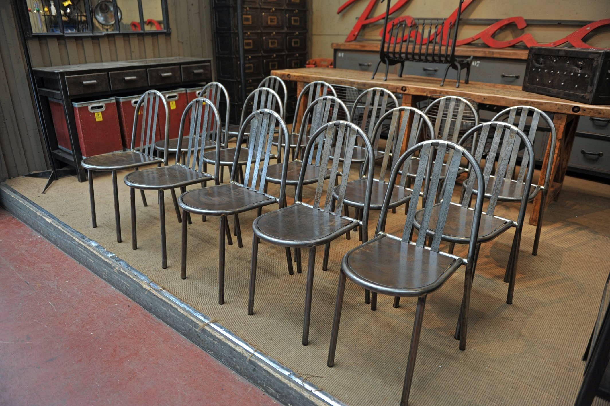 Designer Robert Mallet Steven (French designer Born in Paris in 1886-1945) Design metal Industrial stackable chairs 1940, all hand polished and varnished finish: Available 4 pieces.
 