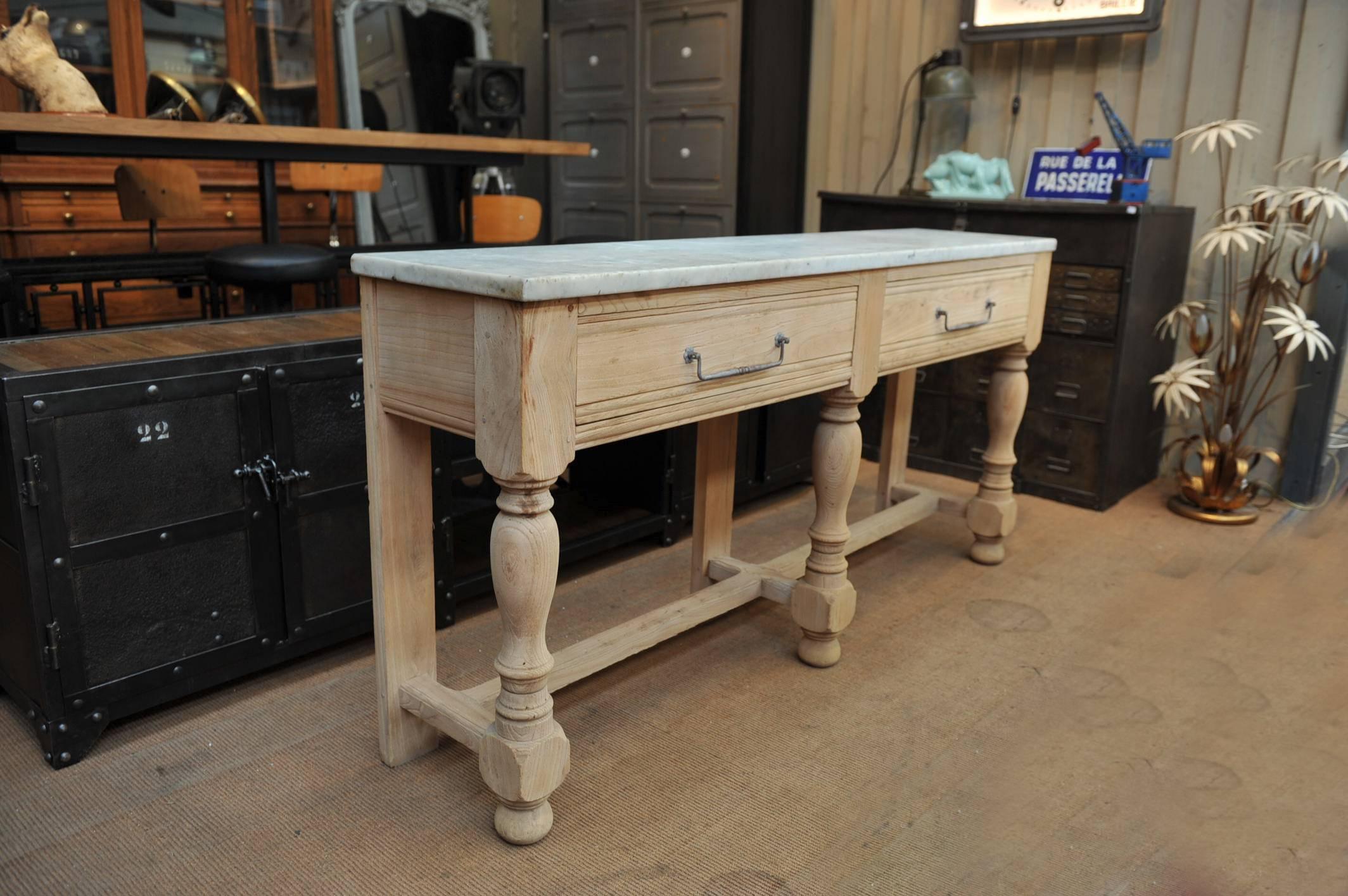 French Butcher's console table in solid oak with two drawers and original marble top. Natural step finish, circa 1950.