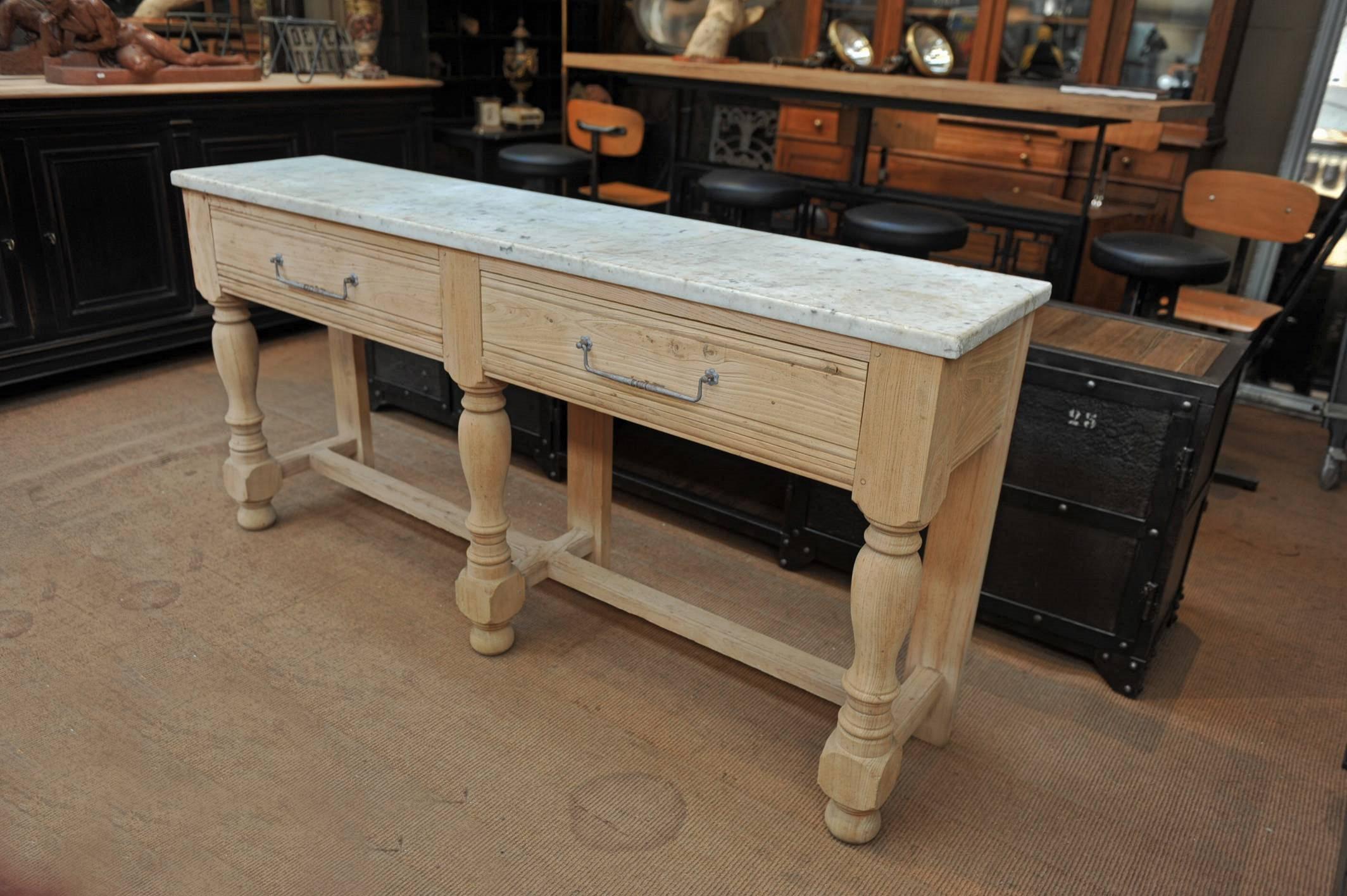 Oak and Marble Top Butcher's Console Table, 1950 3