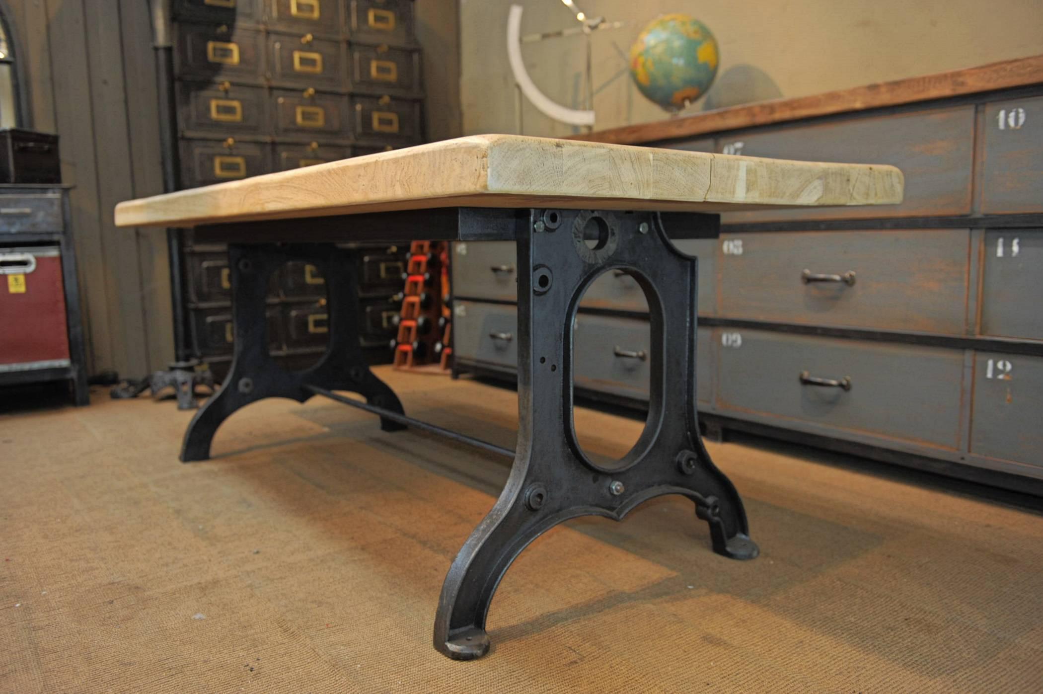 French Industrial Dining Table Cast Iron and Solid Oak Top