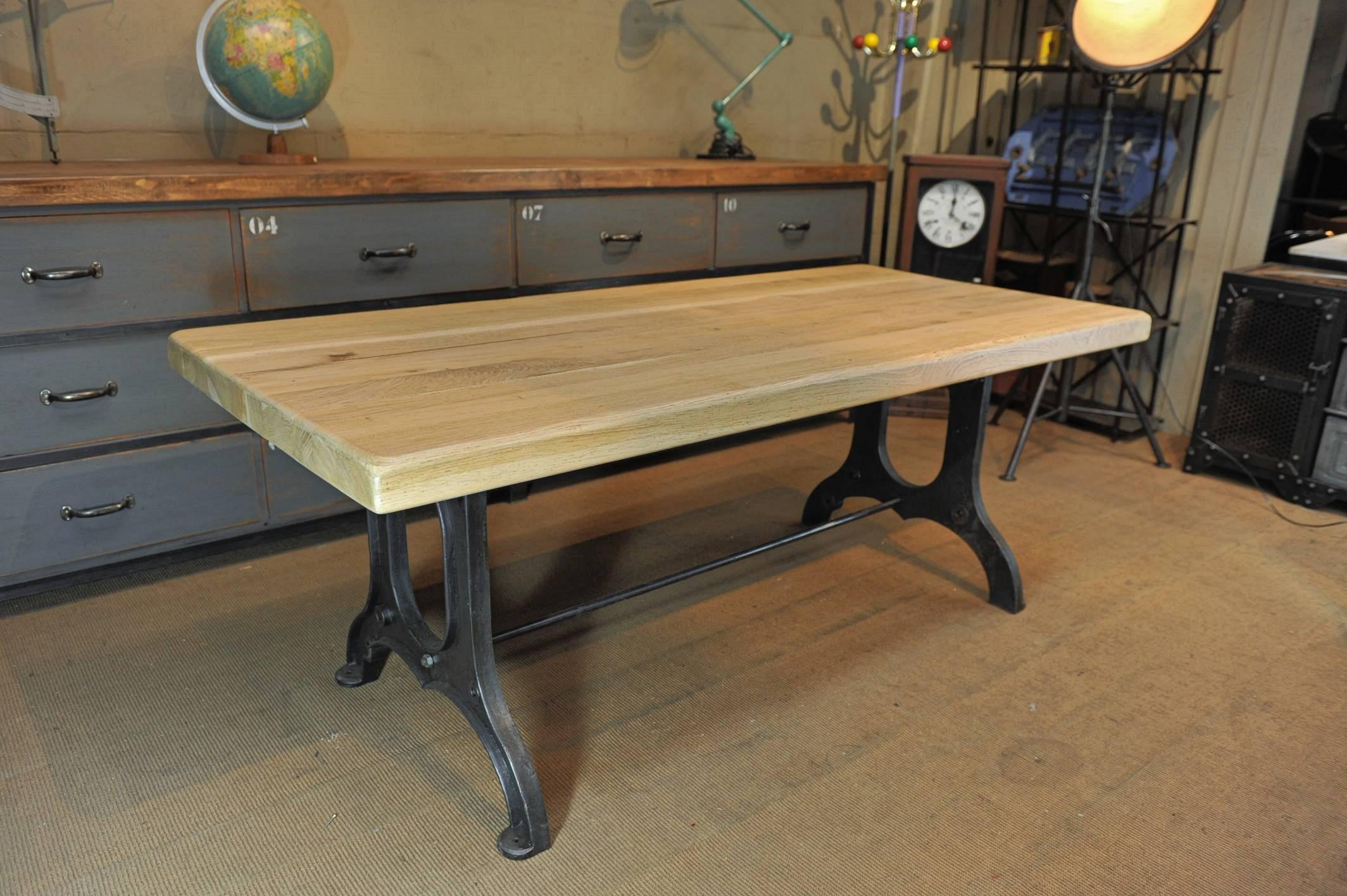 Industrial dining table, 1920s cast iron machine base from French factory with vintage solid oak top.