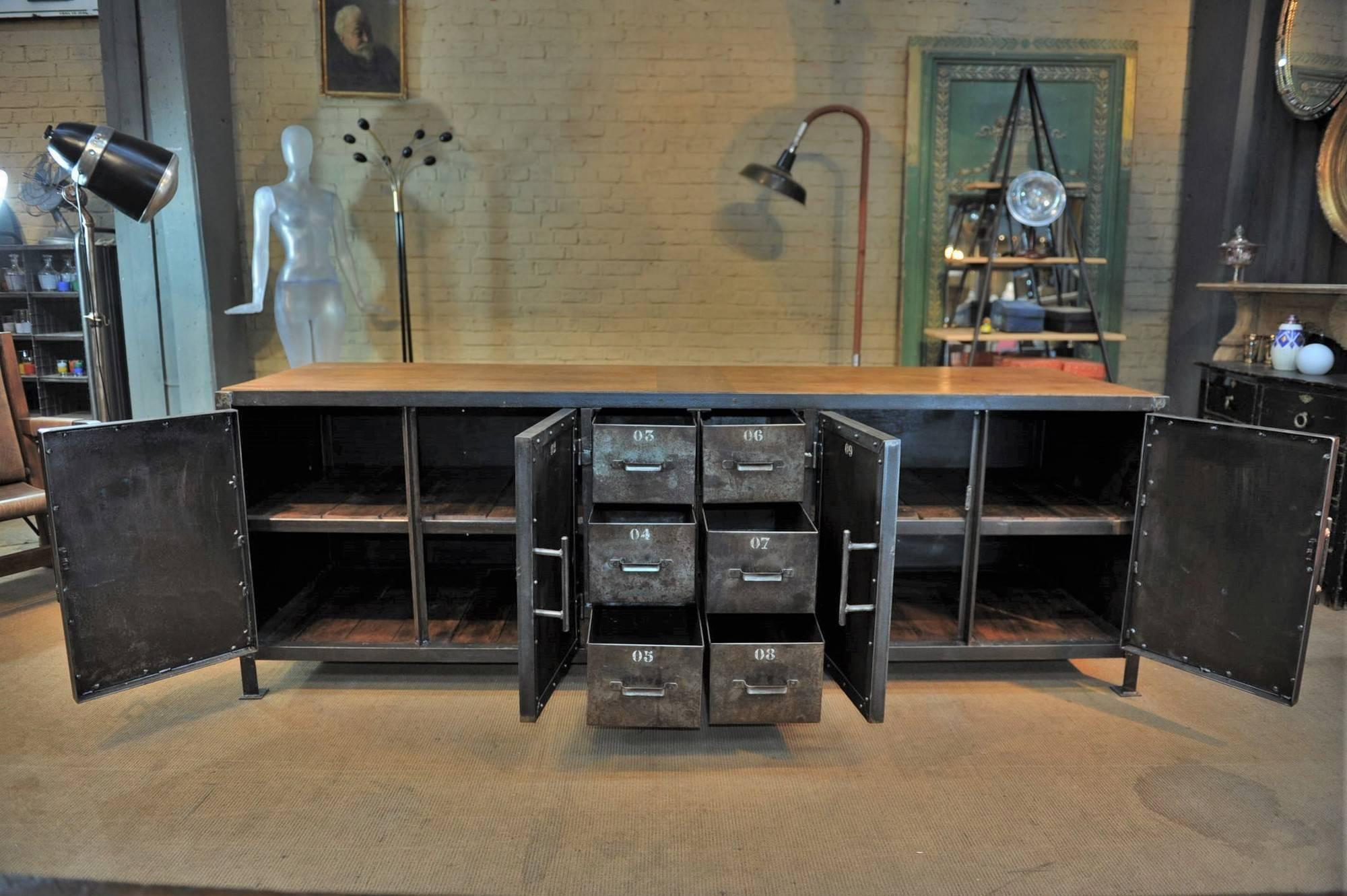 French Six-Drawer 1950 Iron Factory Workbench Industrial Cabinet