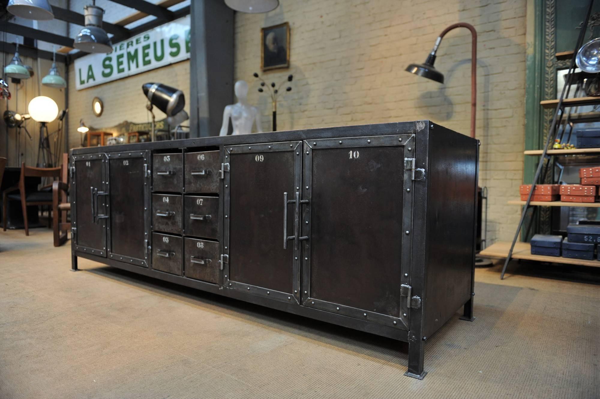 Six-drawer 1950 iron factory workbench Industrial cabinet new vintage solid oak top and four riveted iron doors added. Six-drawer 1950 iron factory workbench Industrial cabinet.
 