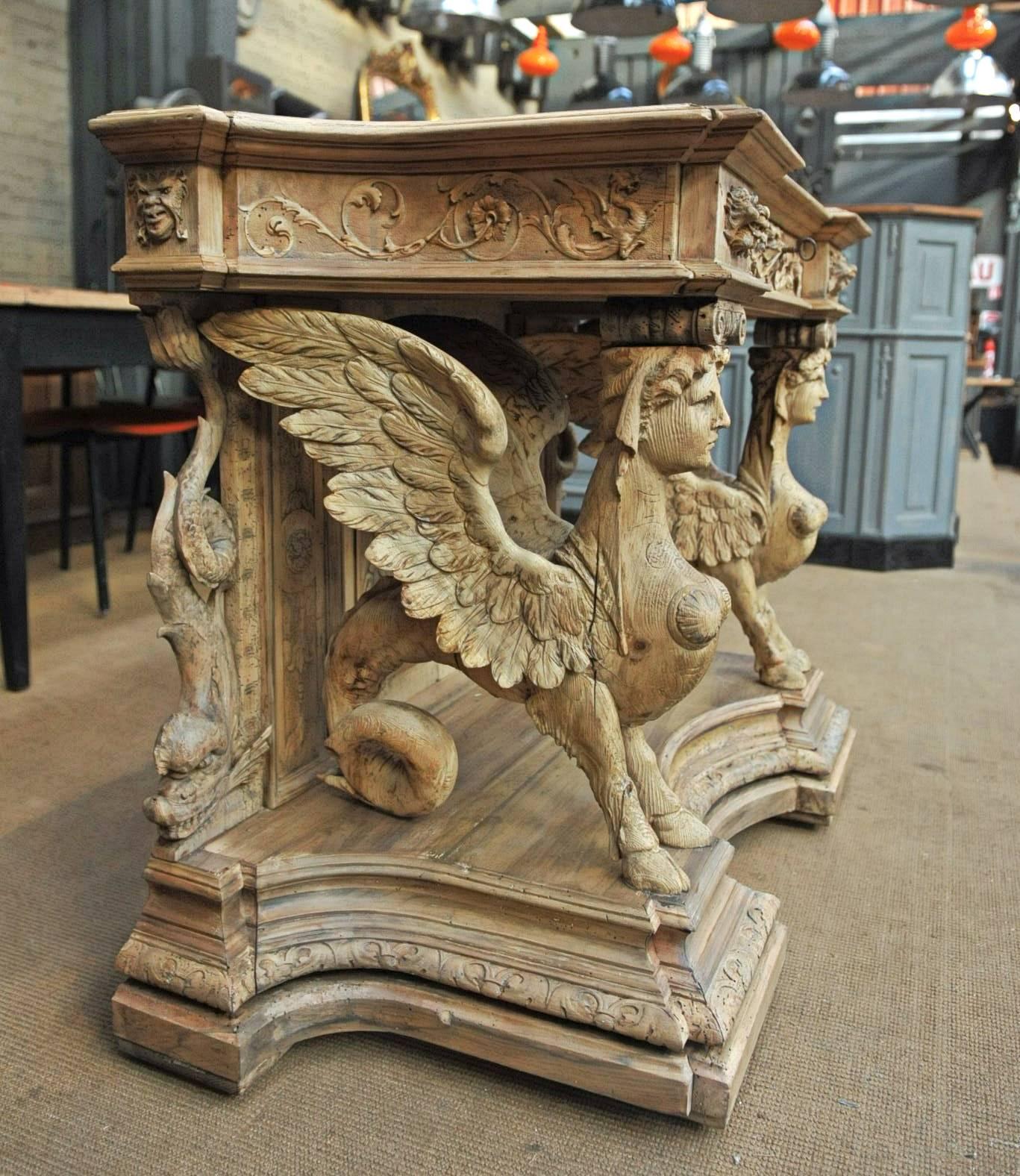 French 19th Century Carved Wood Sphinxes Console Table 2