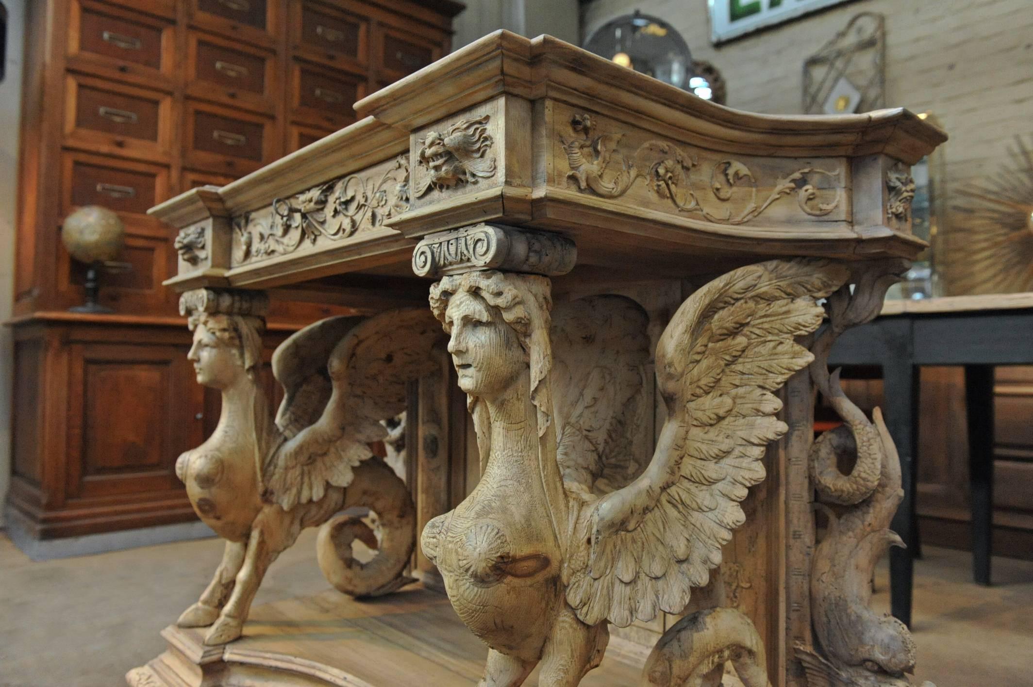 French 19th Century Carved Wood Sphinxes Console Table 4