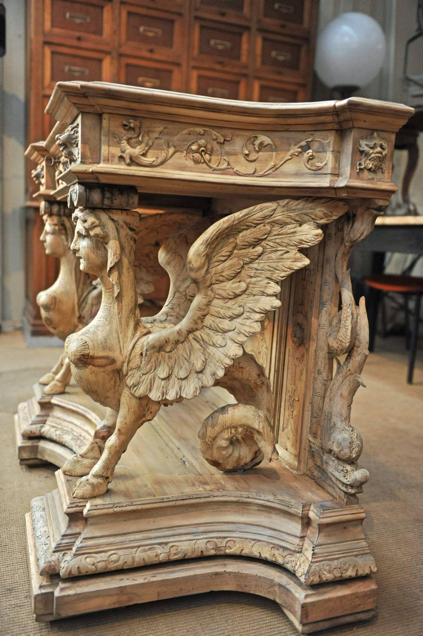 Walnut French 19th Century Carved Wood Sphinxes Console Table