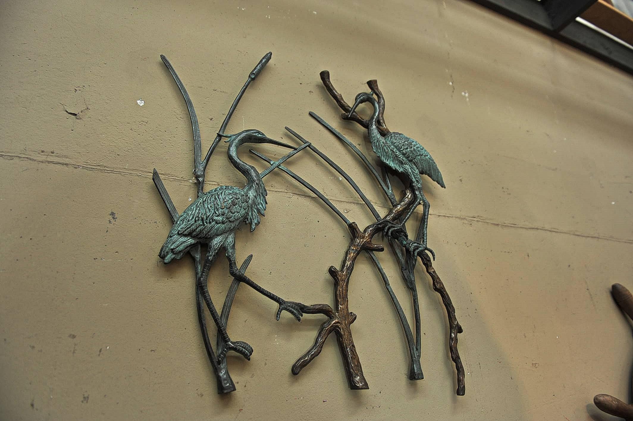 French bronze animal sculpture with two herons on tree, circa 1960.