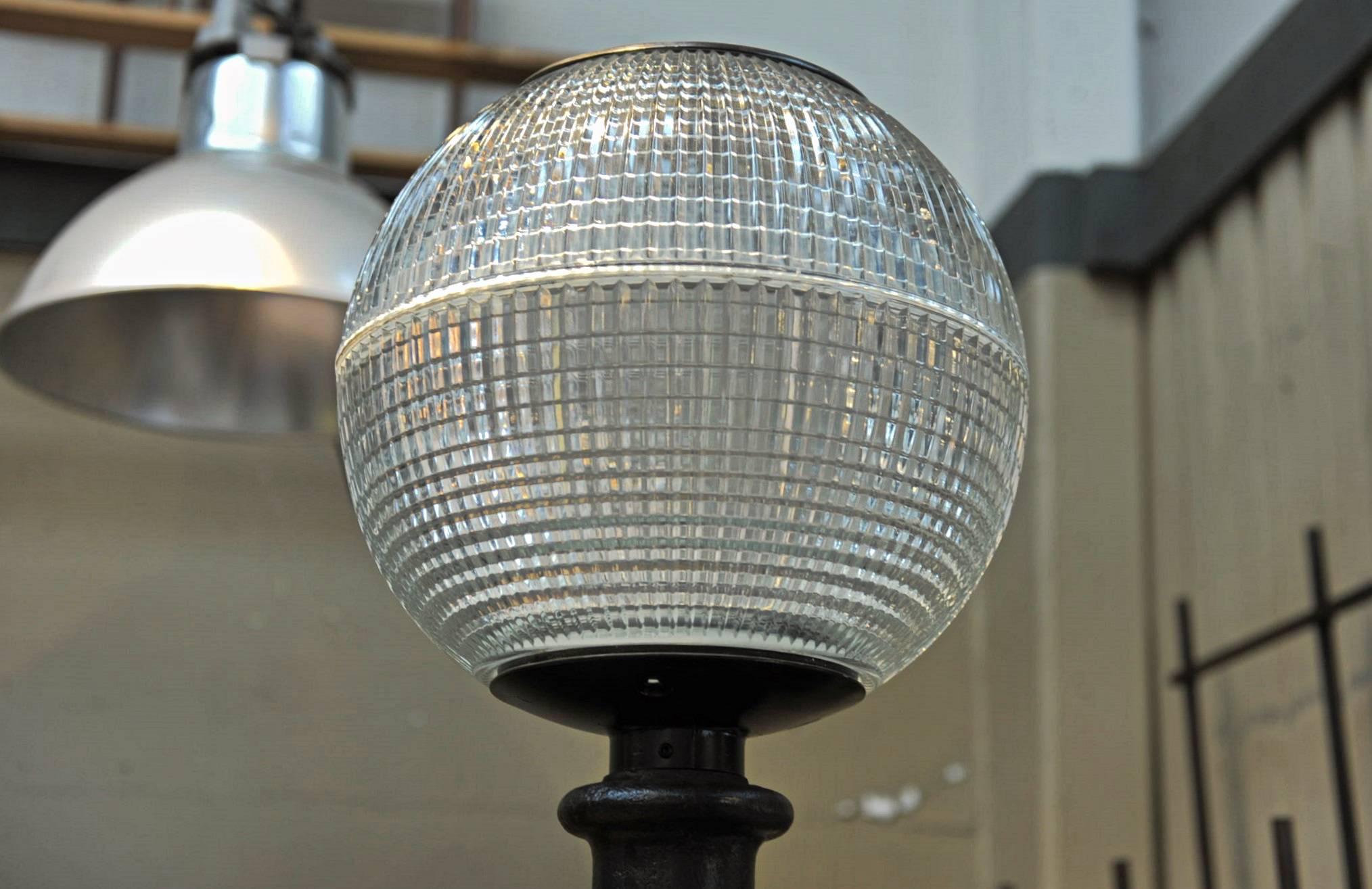 Industrial Holophane Parisian Glass Globe and Cast Iron Floor Lamp