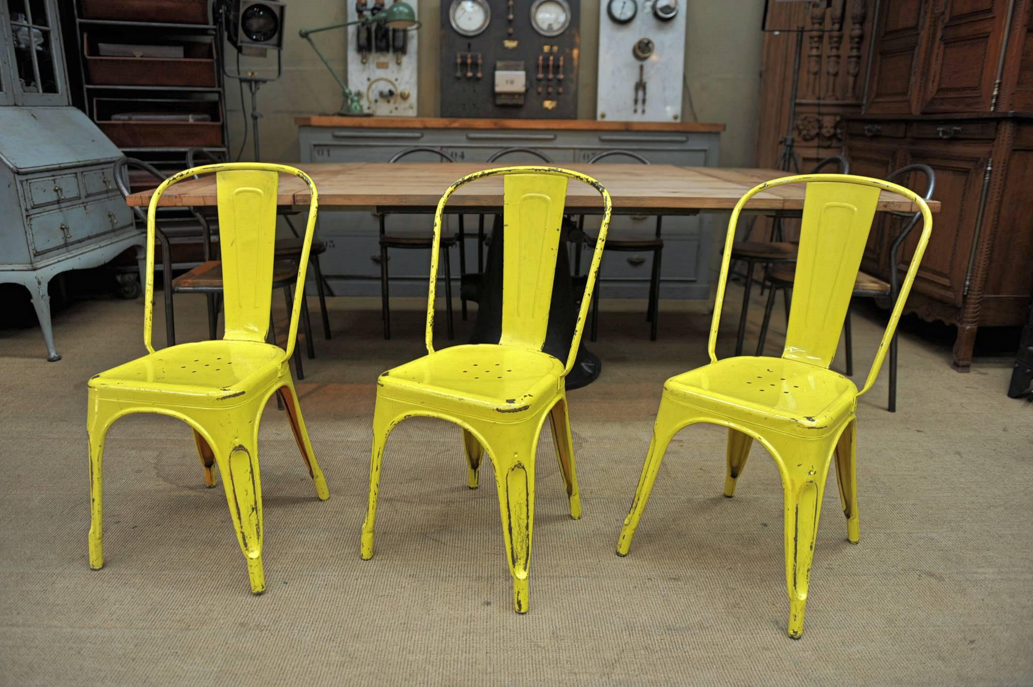 French 6 Vintage 1950 Tolix Chairs Yellow Patina