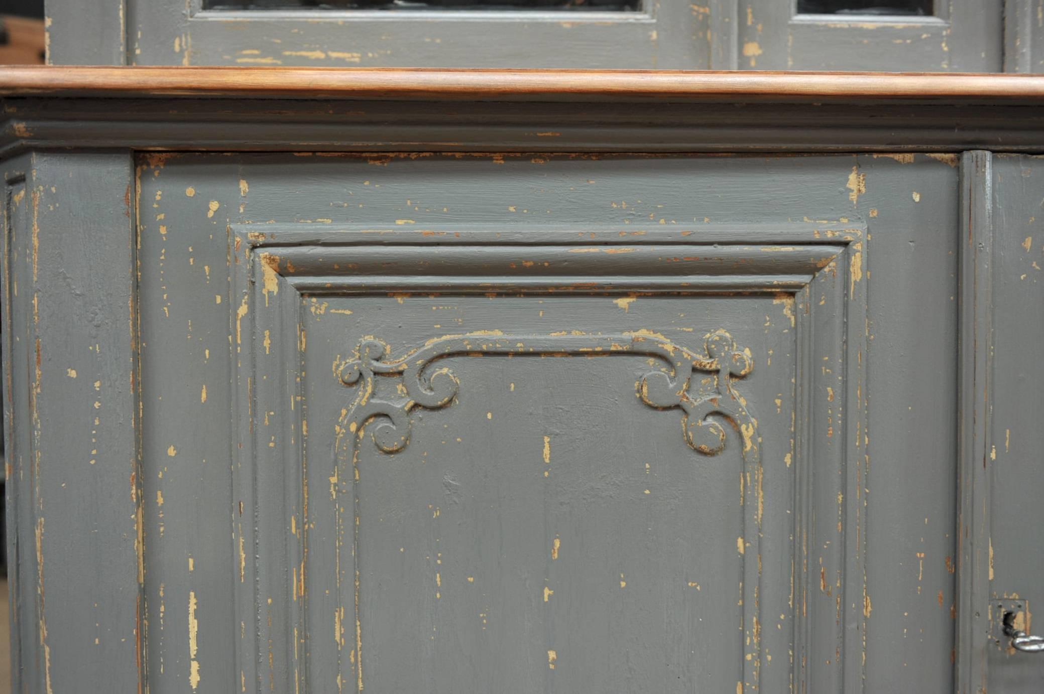 French Two Parts Bookcase Grey Painted Cabinet, Early 1900 1